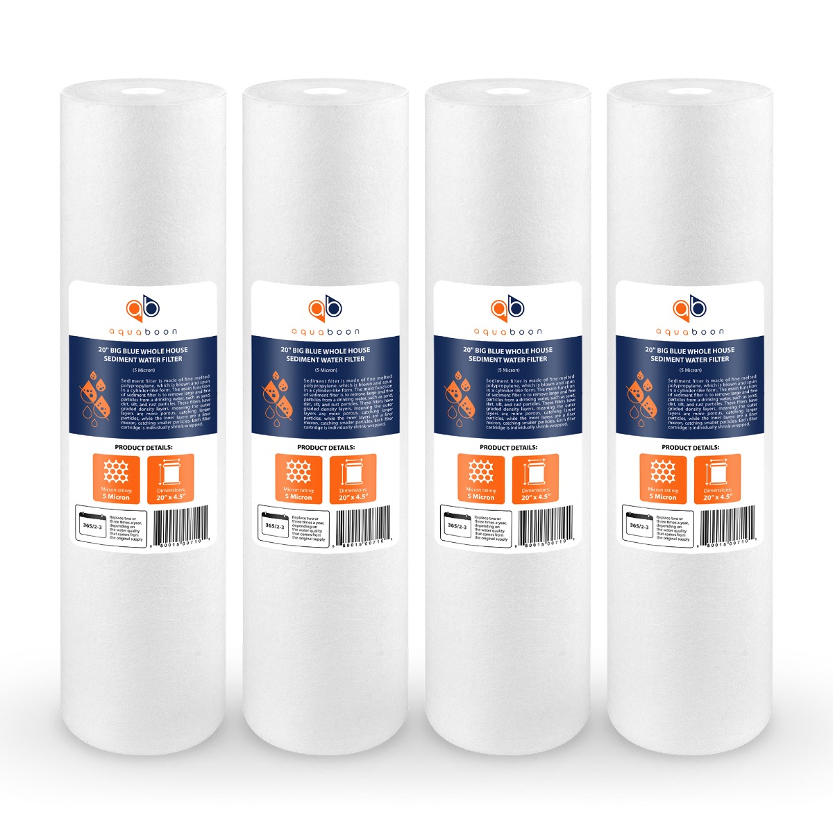 Aquaboon 20x4.5 Inch Pleated Sediment Water Filter – 5 Micron, 4-Pack Of Big Blue Washable Filters