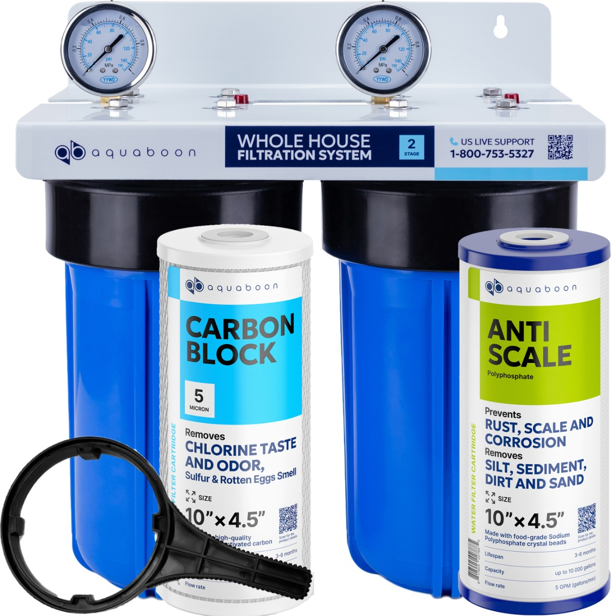 2-Stage 10" Whole House Water Filtration System by Aquaboon For Anti-Scale Filtration White-Coated Iron Wall-Mount Bracket SKU: AB-2WH10BB-1C10BB5M-1PPH10BB