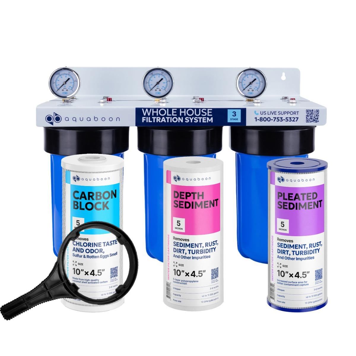 3-Stage 10" Whole House Water Filtration System by Aquaboon AB-3WH10BB-1C10BB5M-1S10BB5M-1PL10BB5M