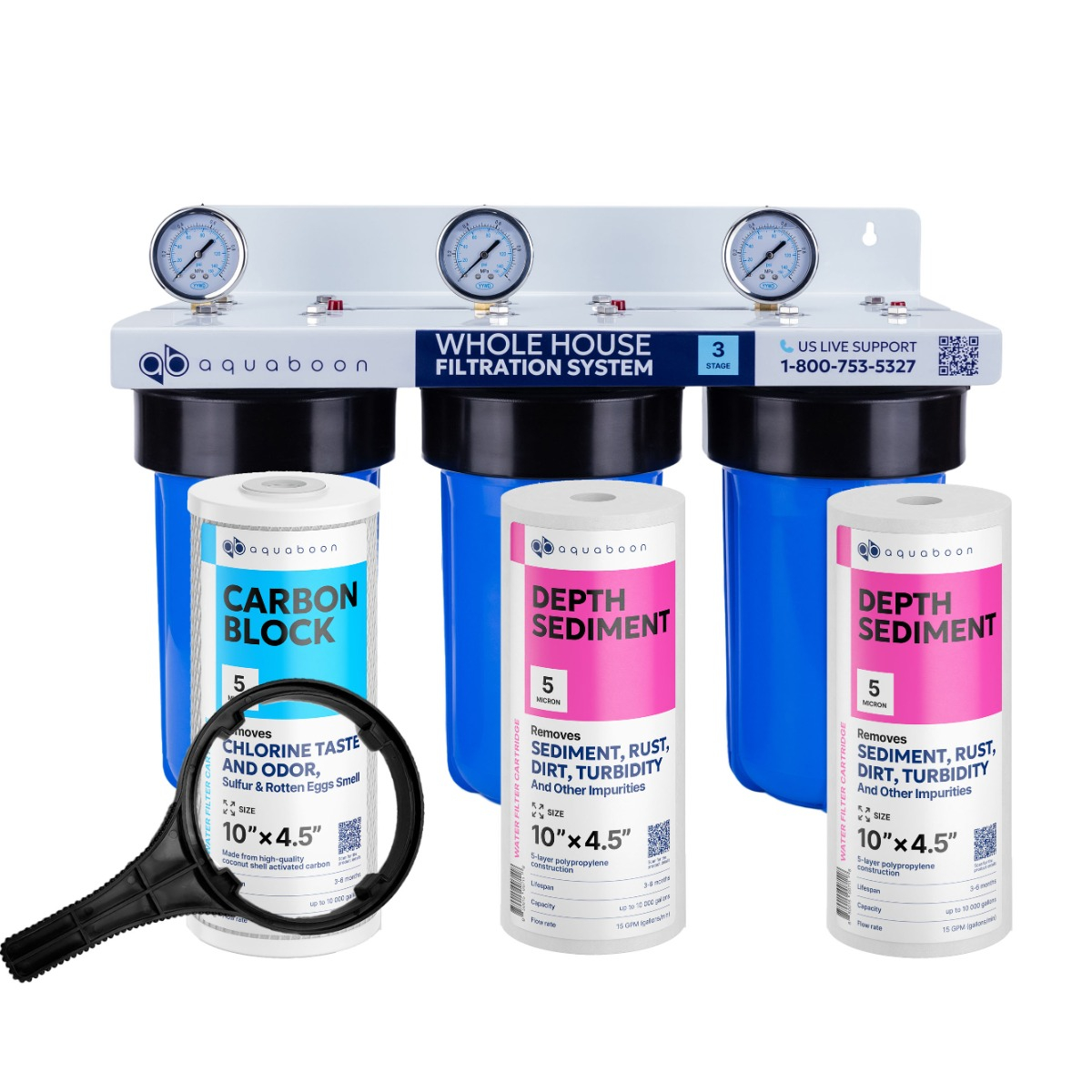 3-Stage 10" Whole House Water Filtration System White-Coated Iron Wall-Mount Bracket by Aquaboon AB-3WH10BB-1C10BB5M-2S10BB5M