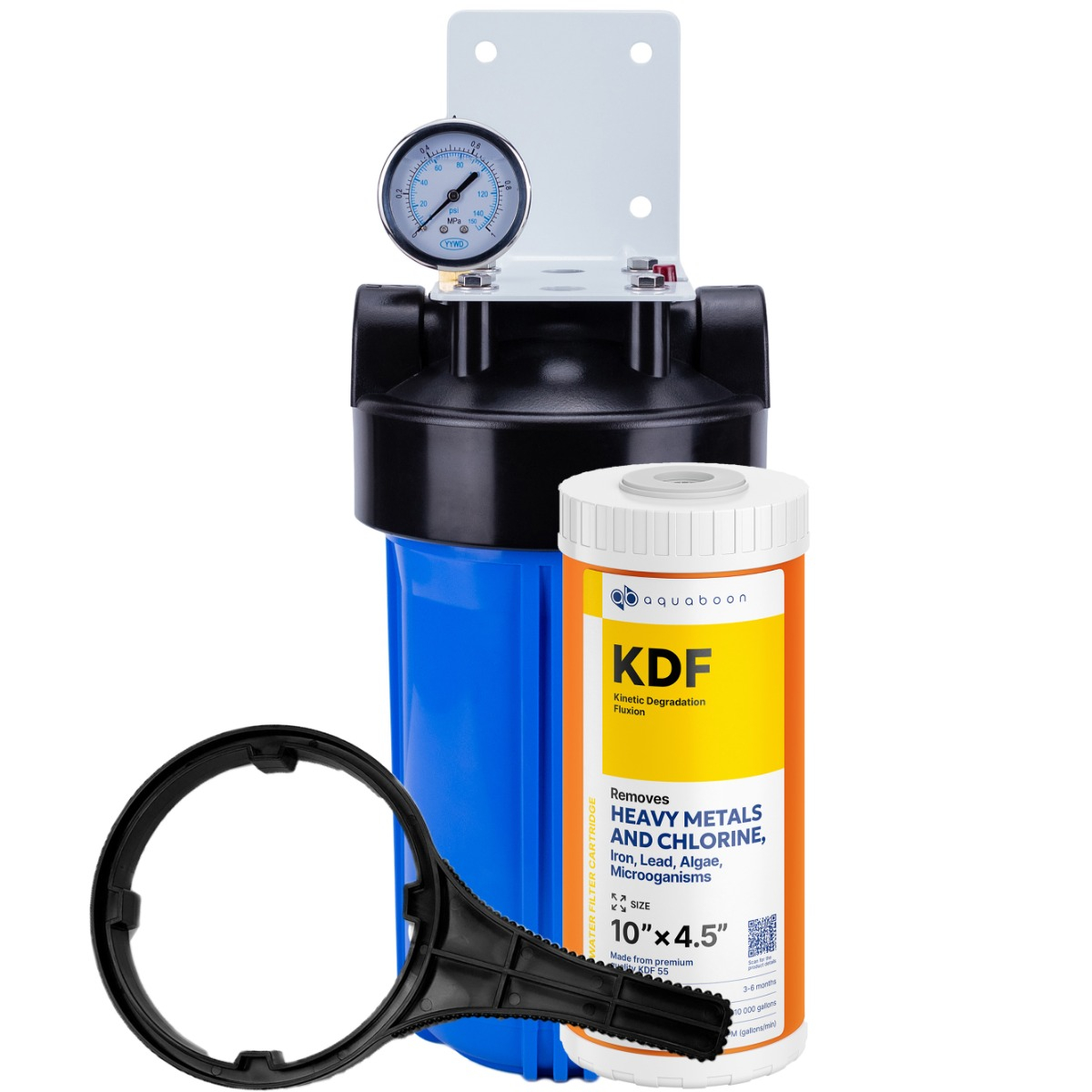 1-Stage 10" Whole House Water Filtration System by Aquaboon For Heavy Metals Filtration White-Coated Iron Wall-Mount Bracket SKU: AB-WH10BB-1K10BB