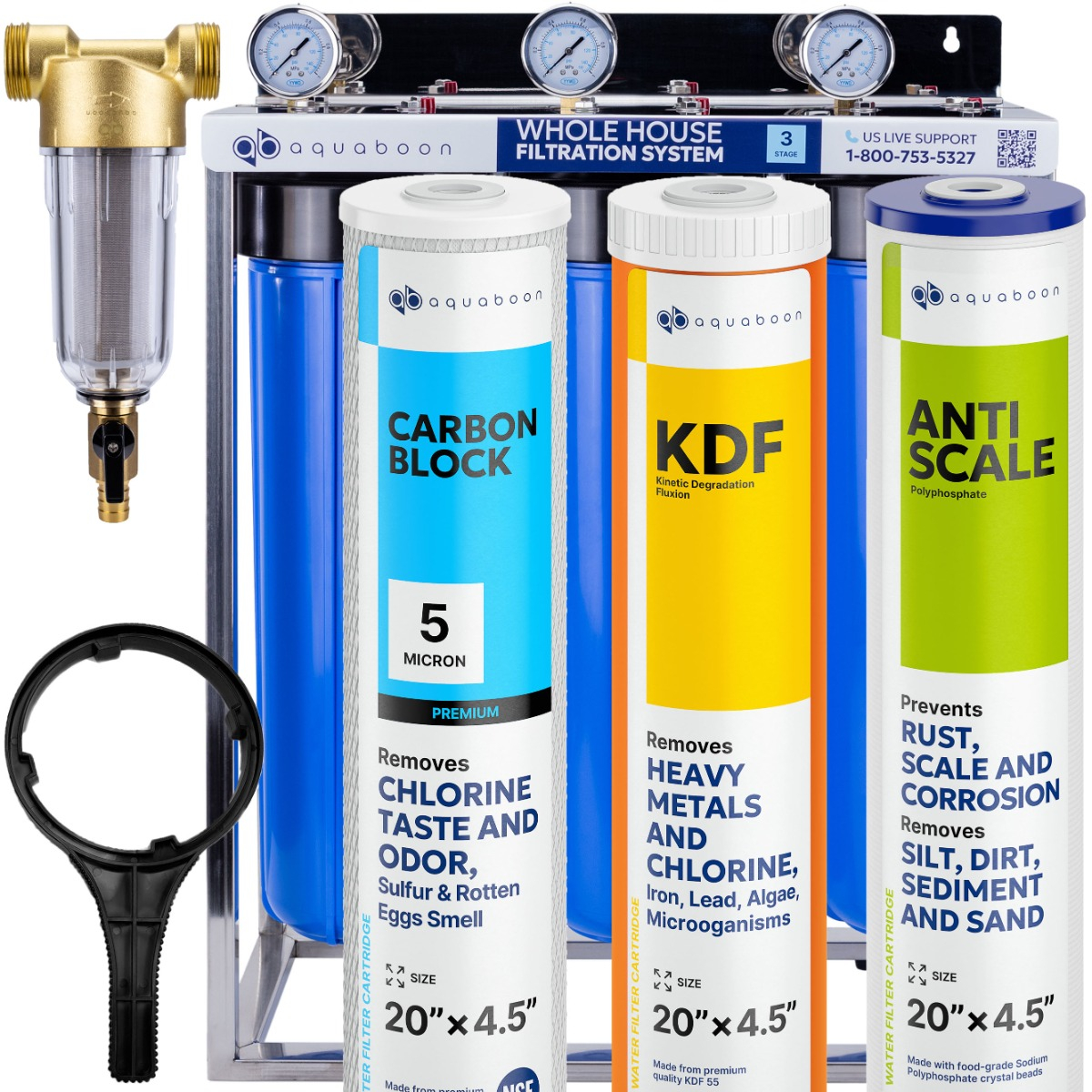 Aquaboon Whole House 3-Stage 20" Water Filtration System For Iron & Manganese Filtration (Carbon, Anti Scale, KDF), Stainless Steel Stand