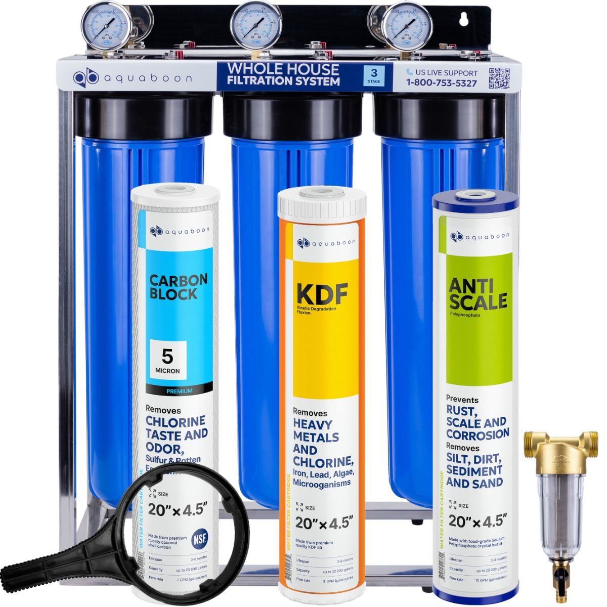 Anti Scale, Heavy Metals And Chlorine Filtration 3-Stage 20" Whole House Water Filtration System by Aquaboon On Stainless Steel Stand SKU: AB-3WHS20BB-1C20BB5MP-1K20BB-1PPH20BB