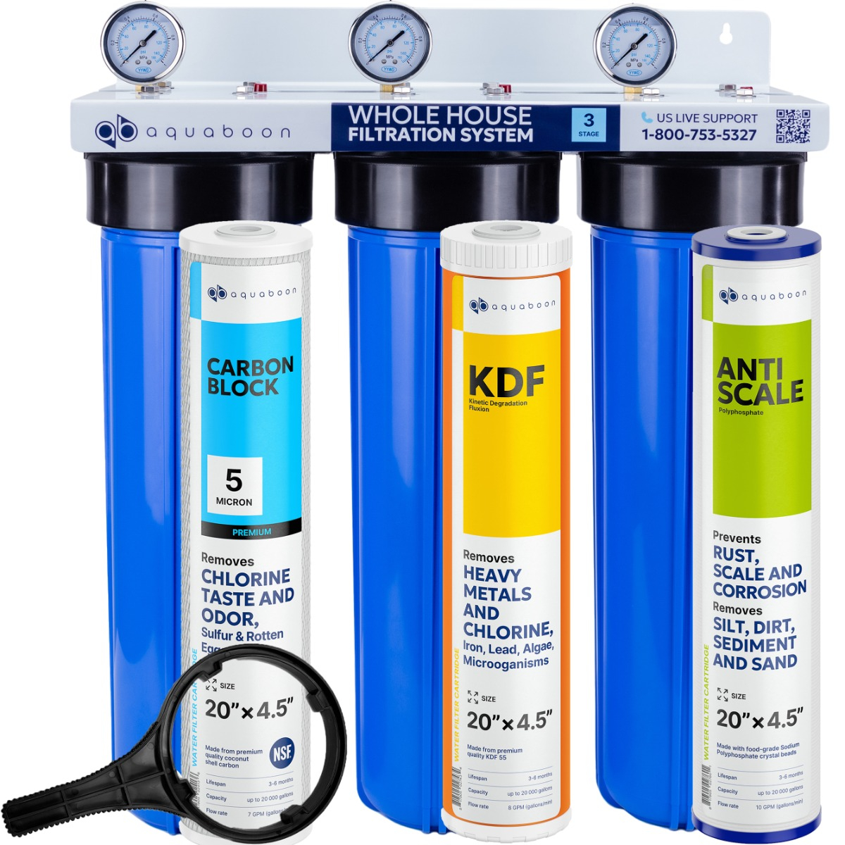 Anti Scale, Heavy Metals And Chlorine Filtration 3-Stage 20" Whole House Water Filtration System by Aquaboon On White Coated Iron Bracket SKU: AB-3WH20BB-1C20BB5M-1K20BB-1PPH20BB