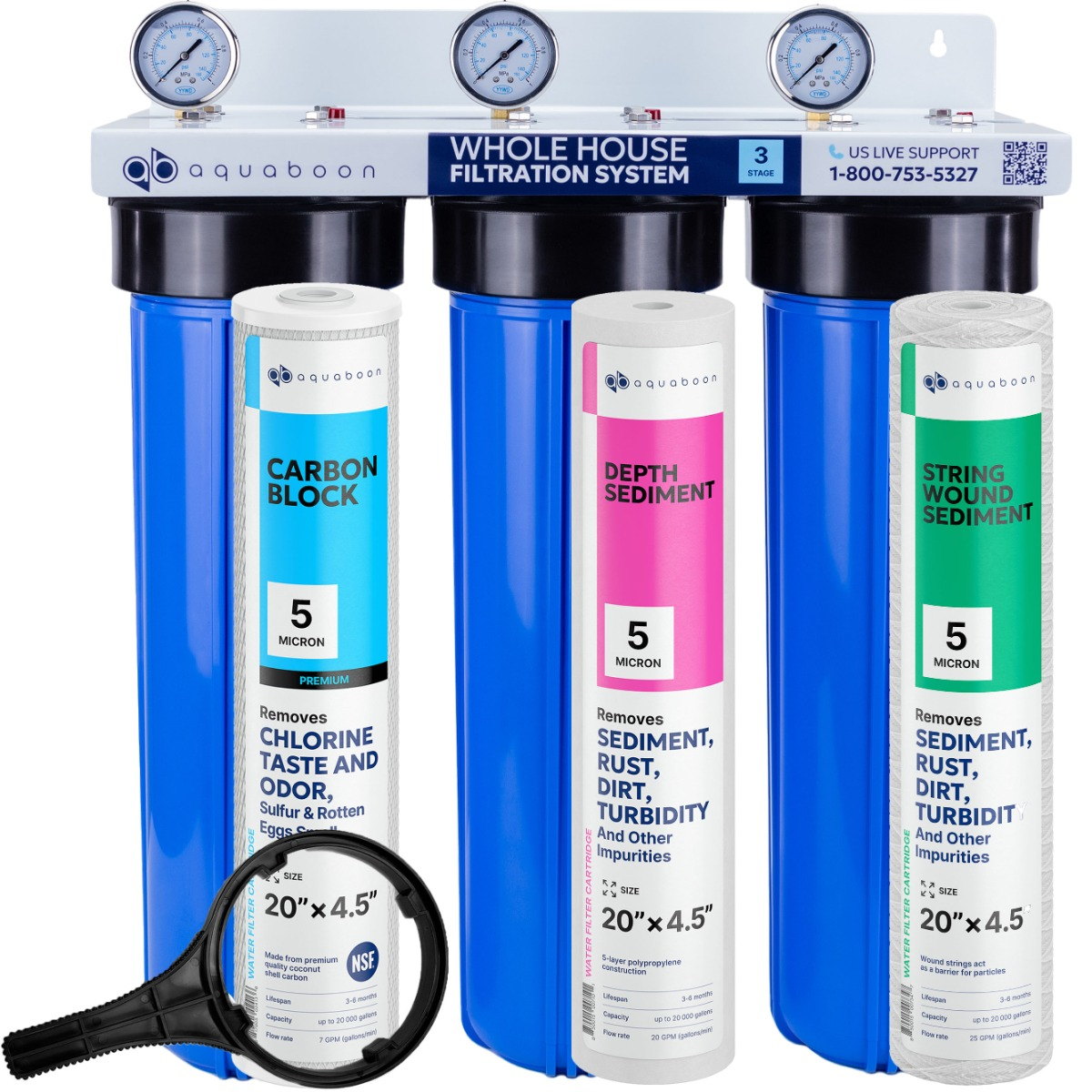3-Stage 20" Whole House Water Filtration System by Aquaboon AB-3WH20BB-1C20BB5M-1S20BB5M-1SW20BB5M