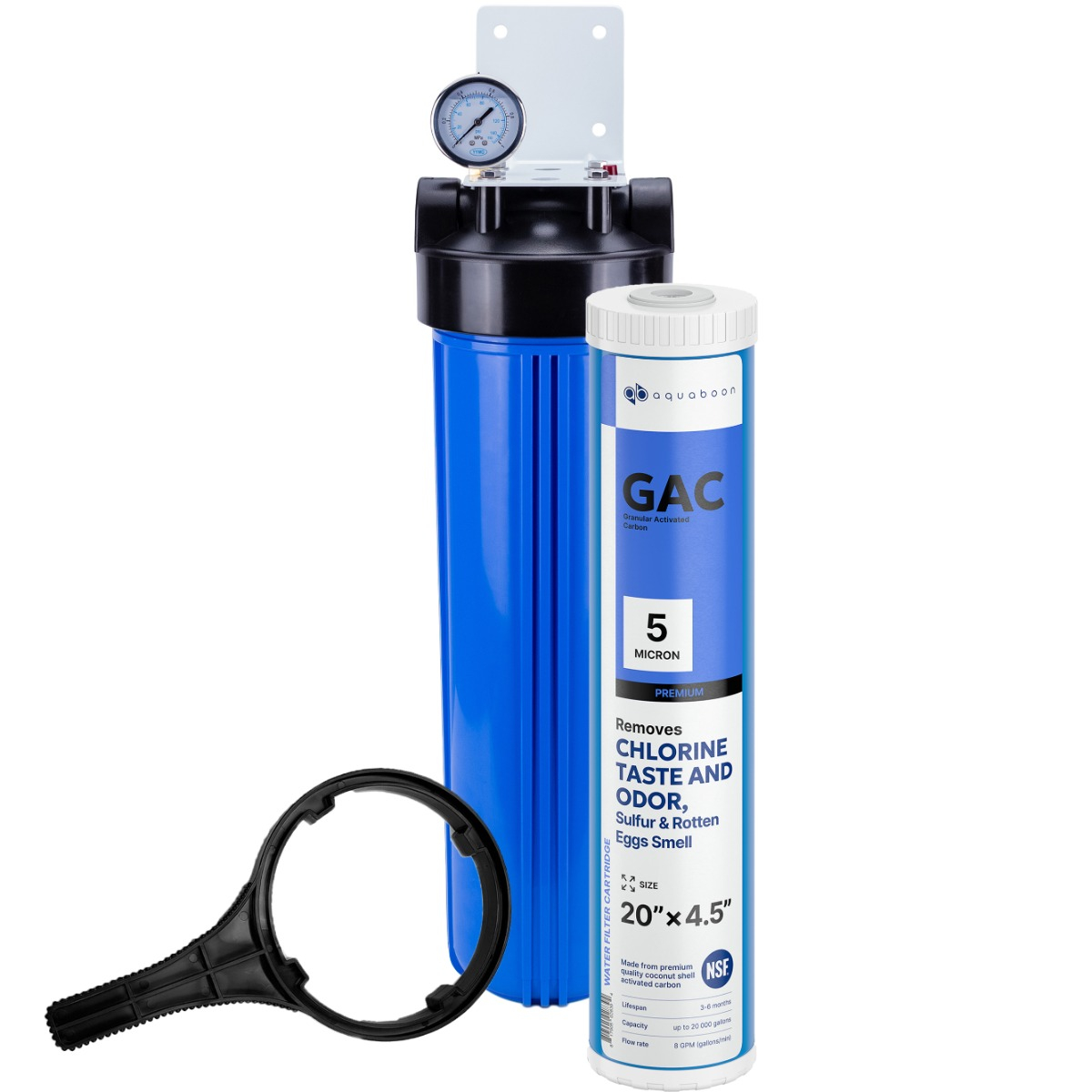 1-Stage 20" Whole House Water Filtration System by Aquaboon For Basic Filtration On White Coated Iron Bracket SKU: AB-WH20BB-1G20BB