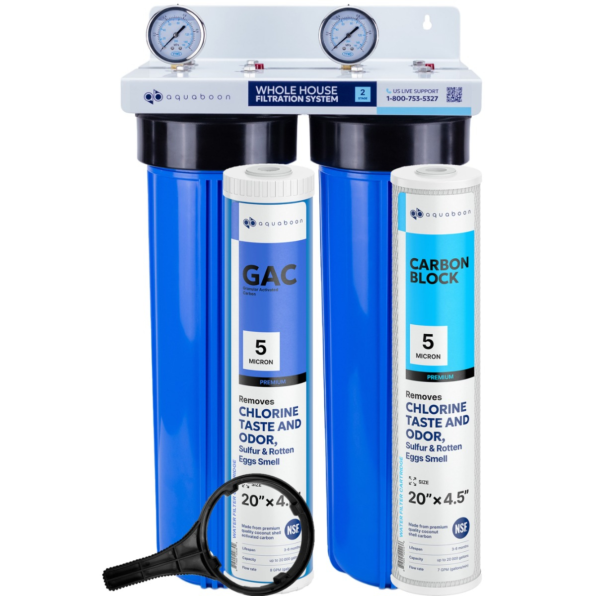 Chlorine Taste And Odor Filtration 2-Stage 20" Whole House Water Filtration System by Aquaboon On White Coated Iron Bracket SKU: AB-2WH20BB-1G20BB5M-1C20BB5M