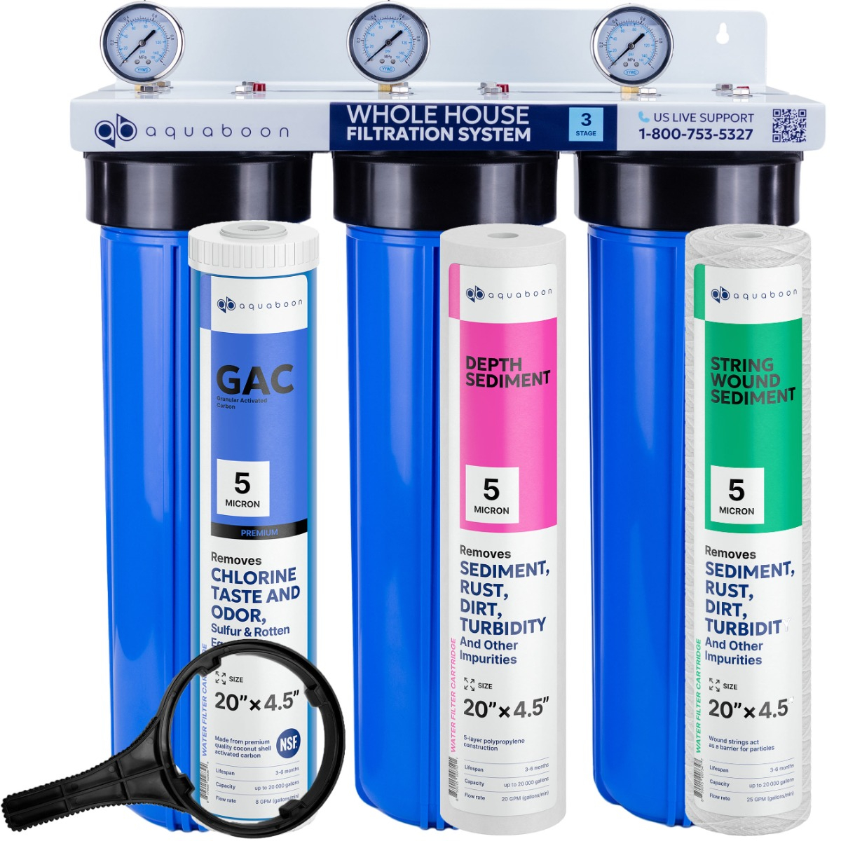 3-Stage 20" Whole House Water Filtration System by Aquaboon AB-3WHPG20BBW-1G20BB5M-1S20BB5M-1SW20BB5M