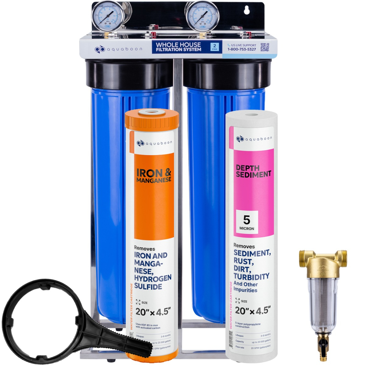 2-Stage 20" Whole House Water Filtration System by Aquaboon For Iron And Manganese Filtration On Stainless Steel Bracket SKU: AB-2WHS20BB-1IRM20BB-1S20BB5M