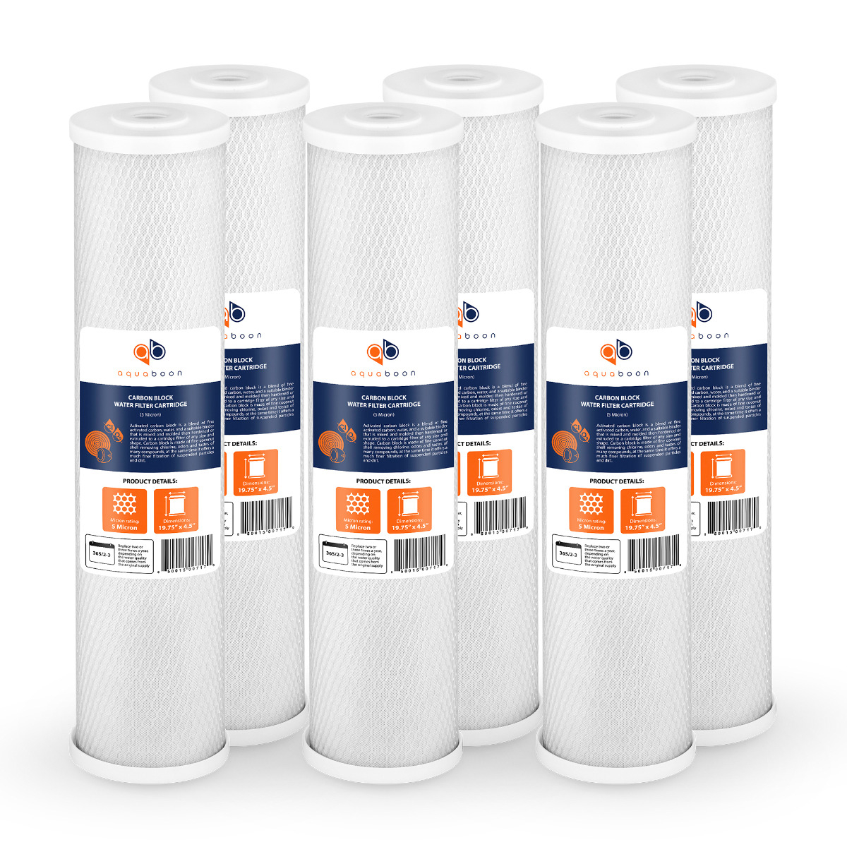 6 Pack Of Aquaboon 5 Micron 20 x 4.5 Inch. Carbon block Water Filter Cartridge SKU: AB-6C20BB5M