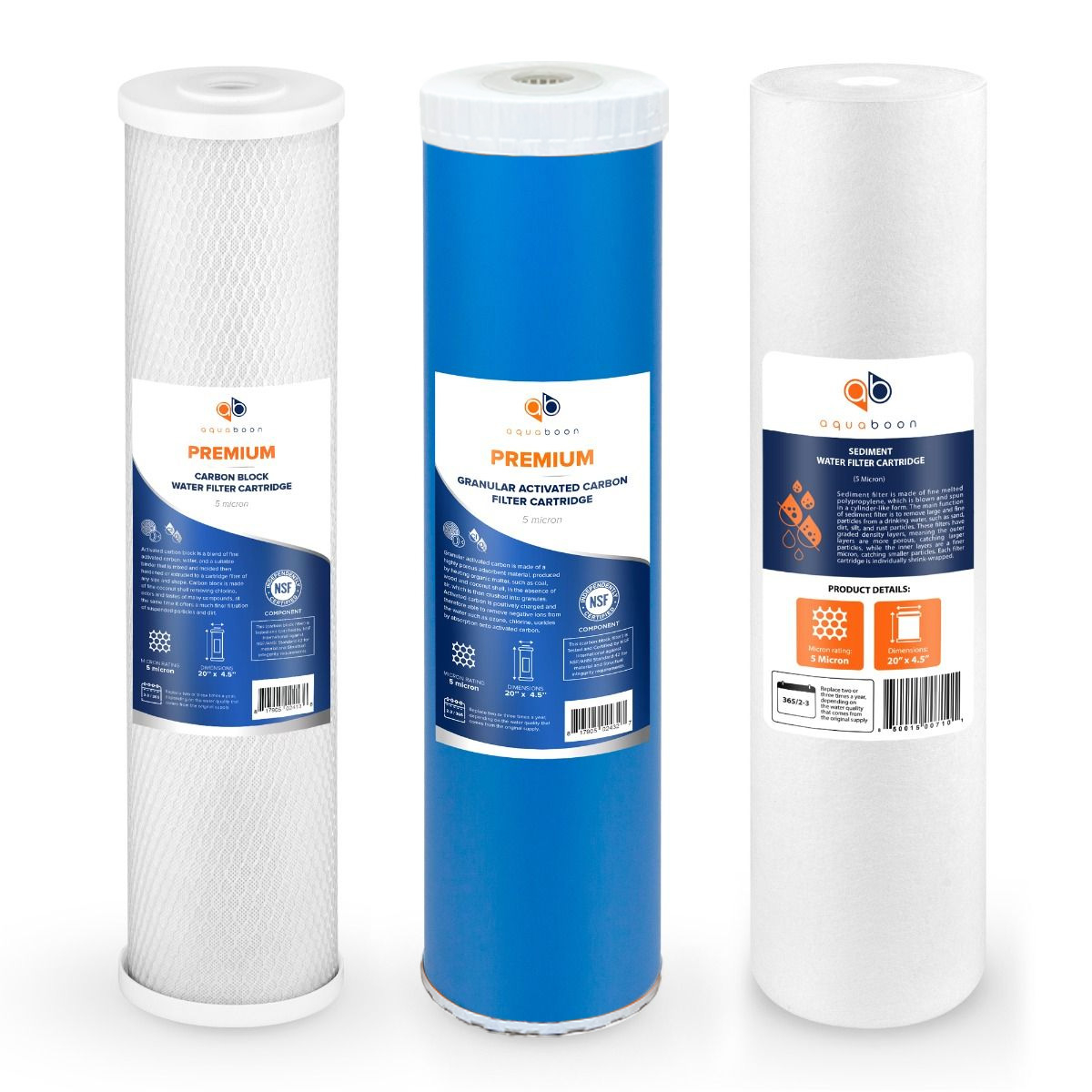 Aquaboon 5 Micron 20" x 4.5" CTO Carbon Block, GAC & Sediment Replacement Filter Cartridges Set (3 PCS)