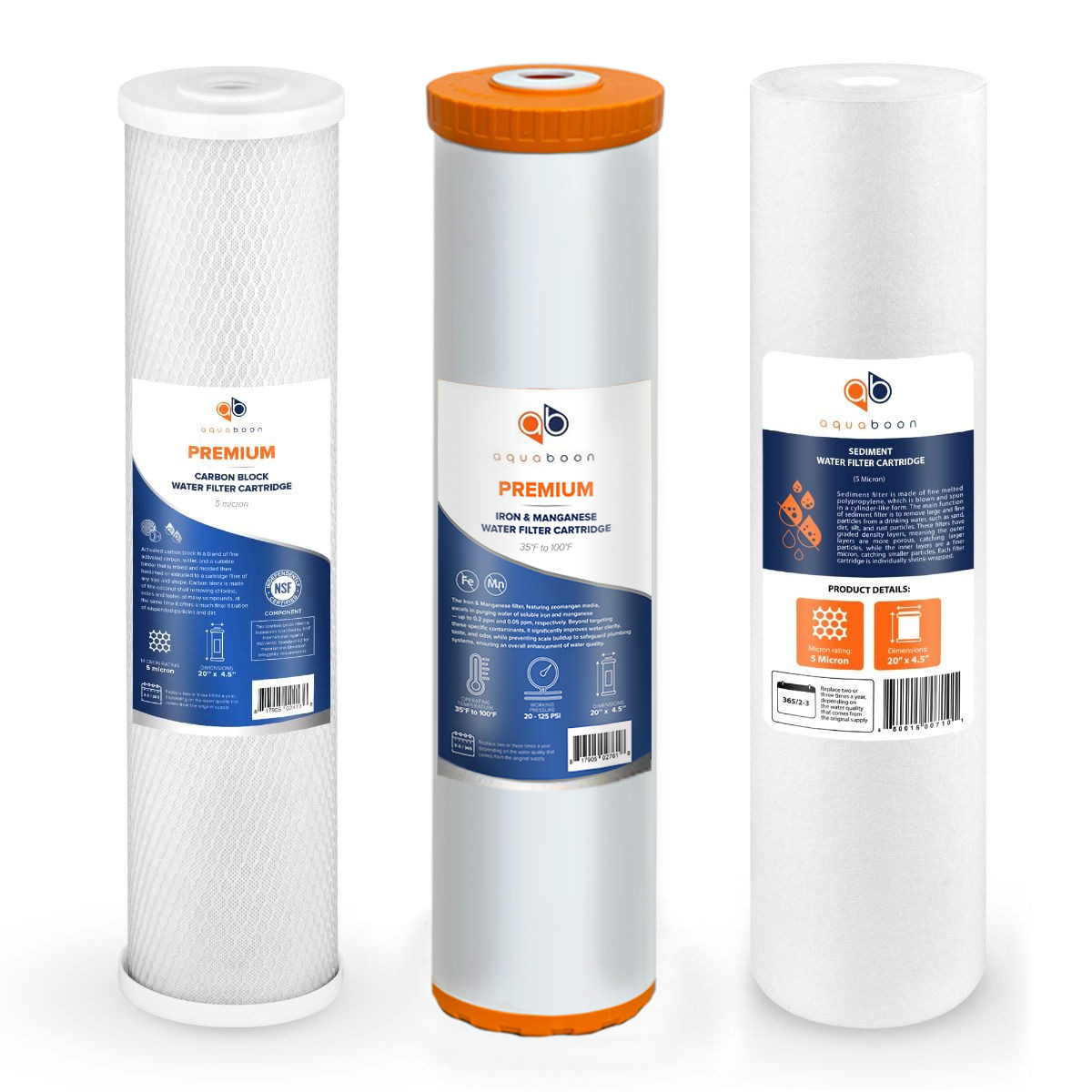 Replacement Cartridges Set For Aquaboon 3-Stage Iron And Manganese Filtration System On Steel Frame