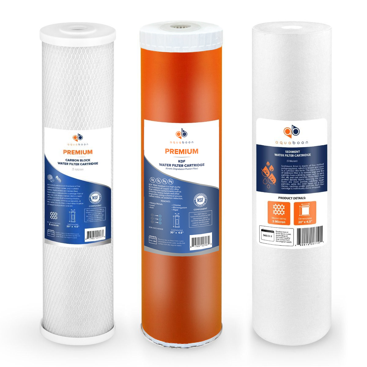 Aquaboon 5 Micron 20" x 4.5" CTO Carbon Block, KDF & Sediment Replacement Filter Cartridges Set (3 PCS) ABP-1C20BB5M-1KDF20BB-1S20BB5M