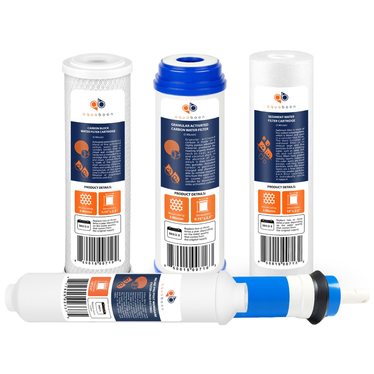 Replacement Set of 10 x 2.5 Inch Water Filter Cartridges by Aquaboon (5 PCS) AB-1C5M-1G5M-1S5M-1T33-1MF100GPD