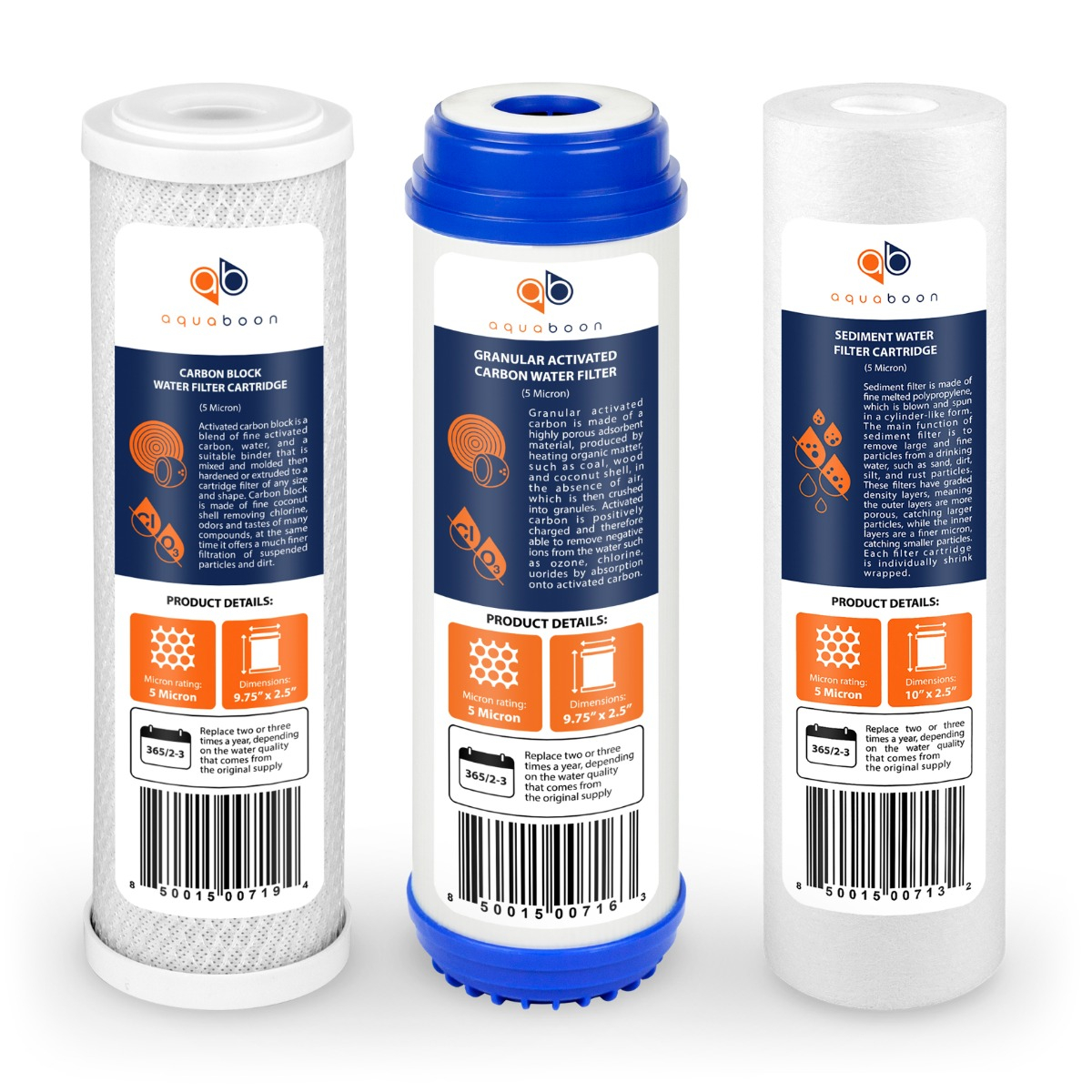 Replacement Set of 10 x 2.5 Inch Water Filter Cartridges by Aquaboon (3 PCS) AB-1C5M-1G5M-1S5M