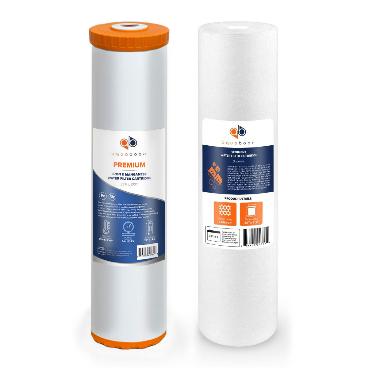 Aquaboon 5 Micron 20" x 4.5" Sediment & Iron And Manganese Replacement Filter Cartridges Set (2 PCS)