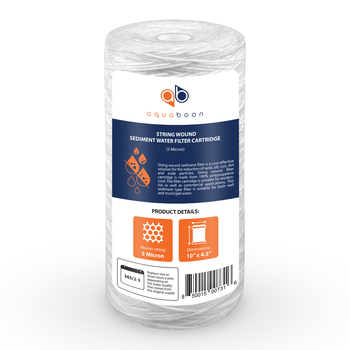 Aquaboon 5 Micron 10 x 4.5 Inch String Wound Sediment Water Filter Cartridge