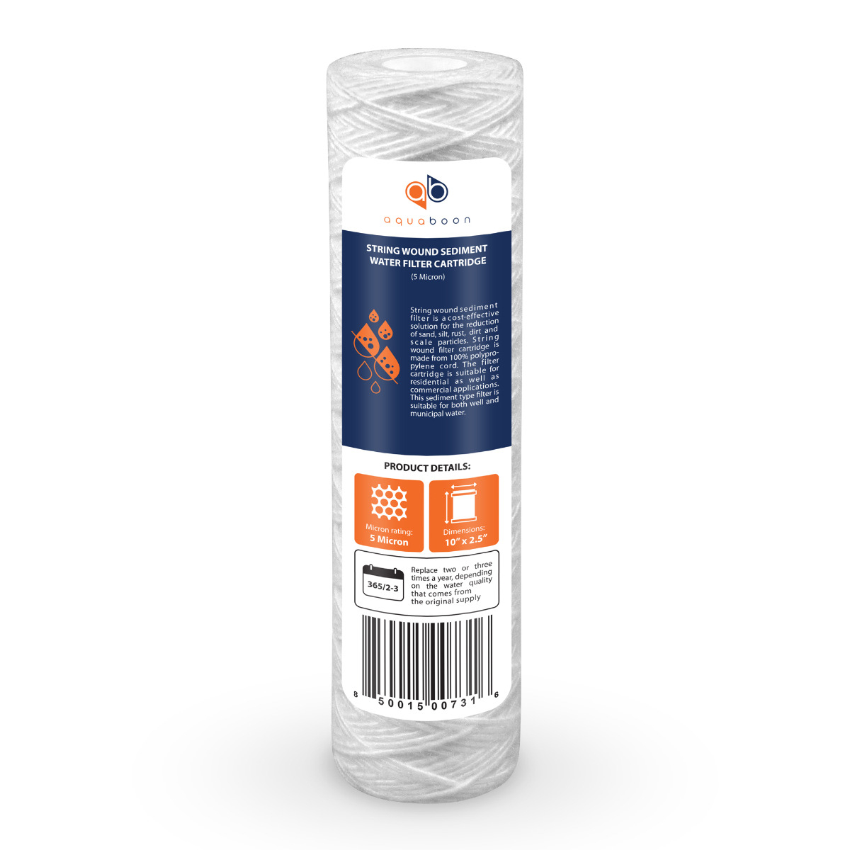 Aquaboon 5 micron 10 x 2.5 Inch String Wound Sediment Water Filter Cartridge