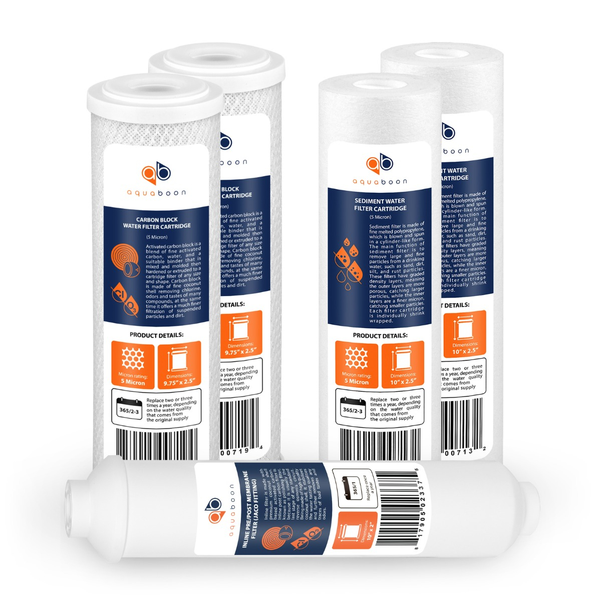 Replacement Set of 10 x 2.5 Inch Water Filter Cartridges by Aquaboon (5 PCS) AB-2C5M-2S5M-1I