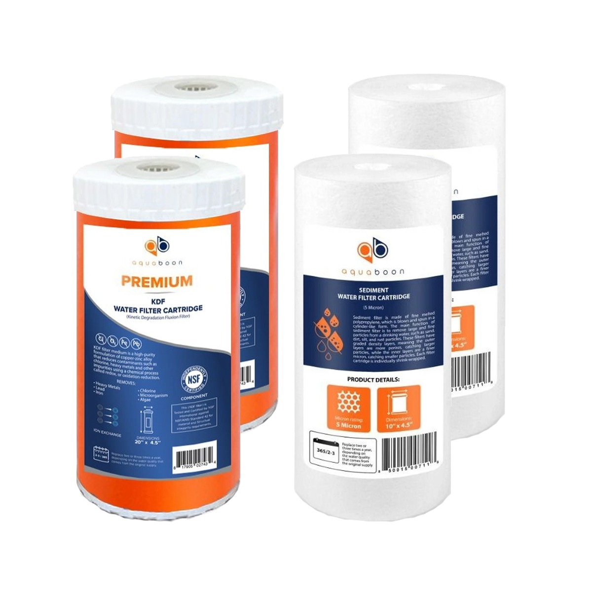 Aquaboon 10 x 4.5 Inch. 2 Stage Filters Set (KDF, Sediment Filters) For Heavy Metals Filtration Systems