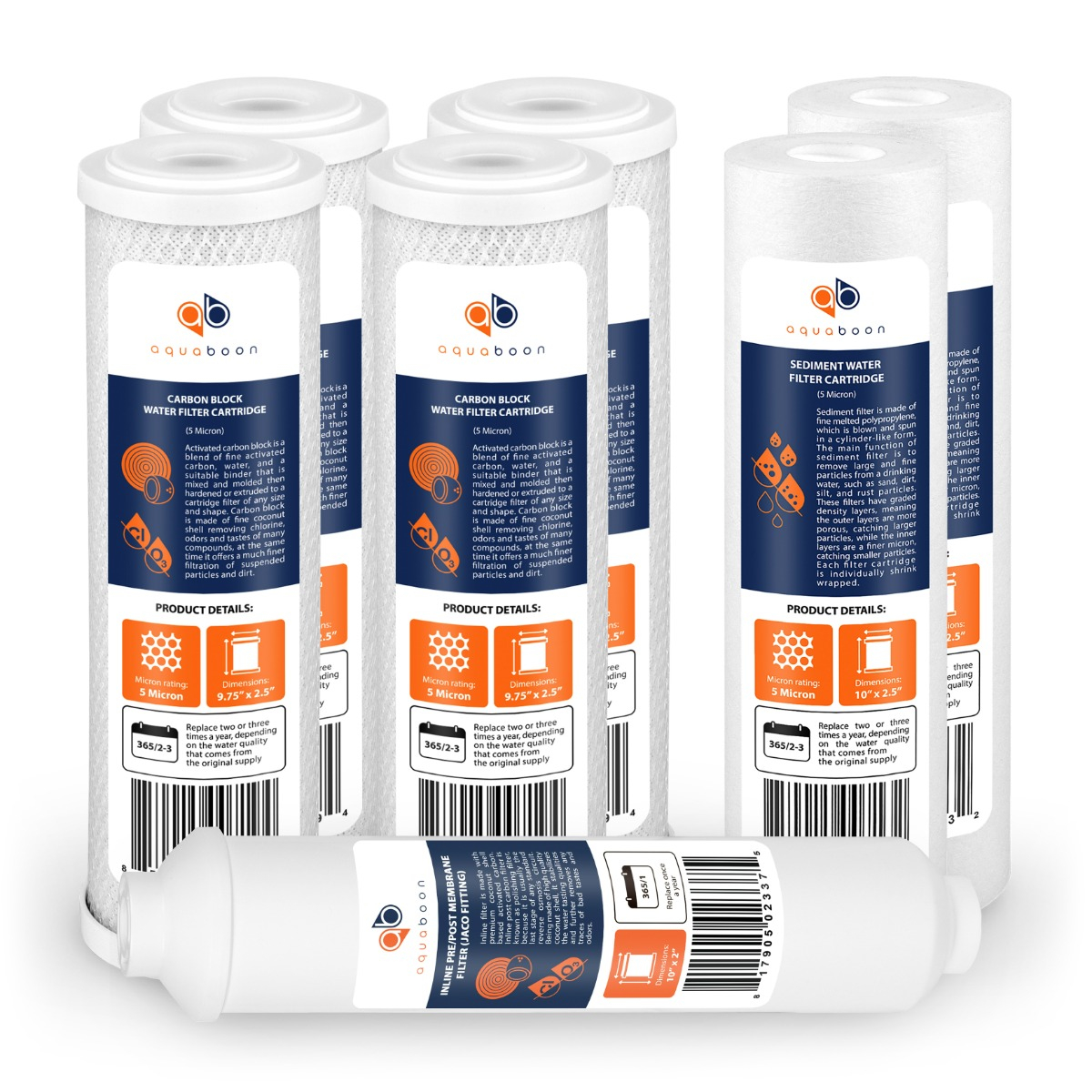 Replacement Set of 10 x 2.5 Inch Water Filter Cartridges by Aquaboon (7 PCS) AB-4C5M-2S5M-1I