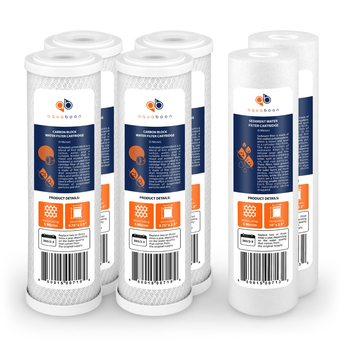 Replacement Set of 10 x 2.5 Inch Water Filter Cartridges by Aquaboon (6 PCS)