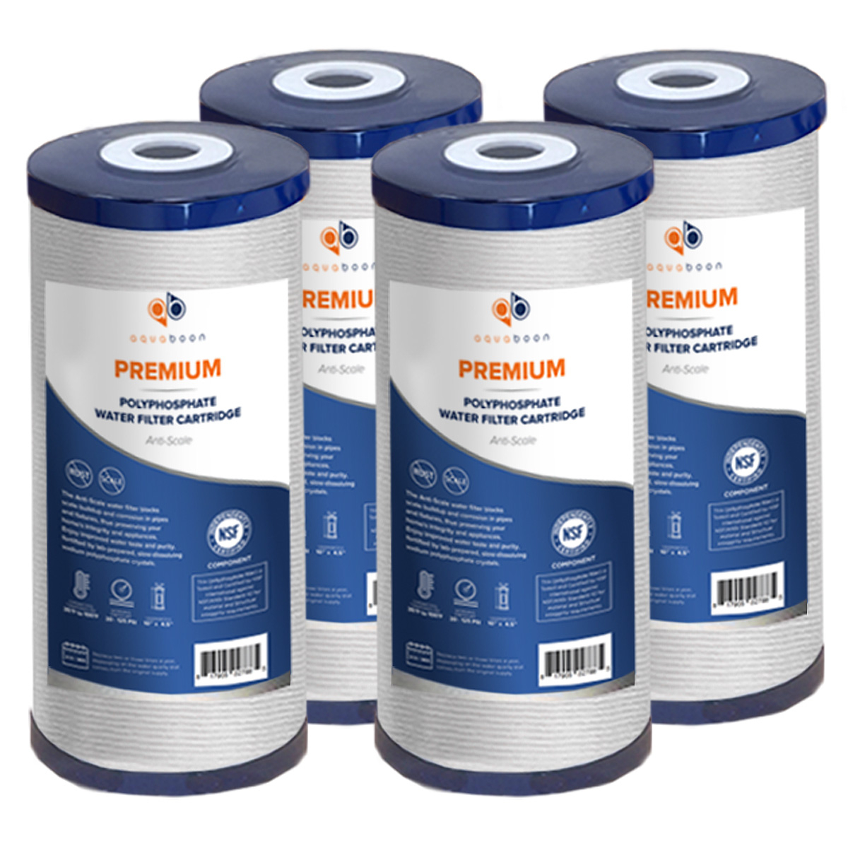 4 Pack Of Whole House 10 x 4.5 Inch. Big Blue Polyphosphate Anti Scale Water Filter Cartridge
