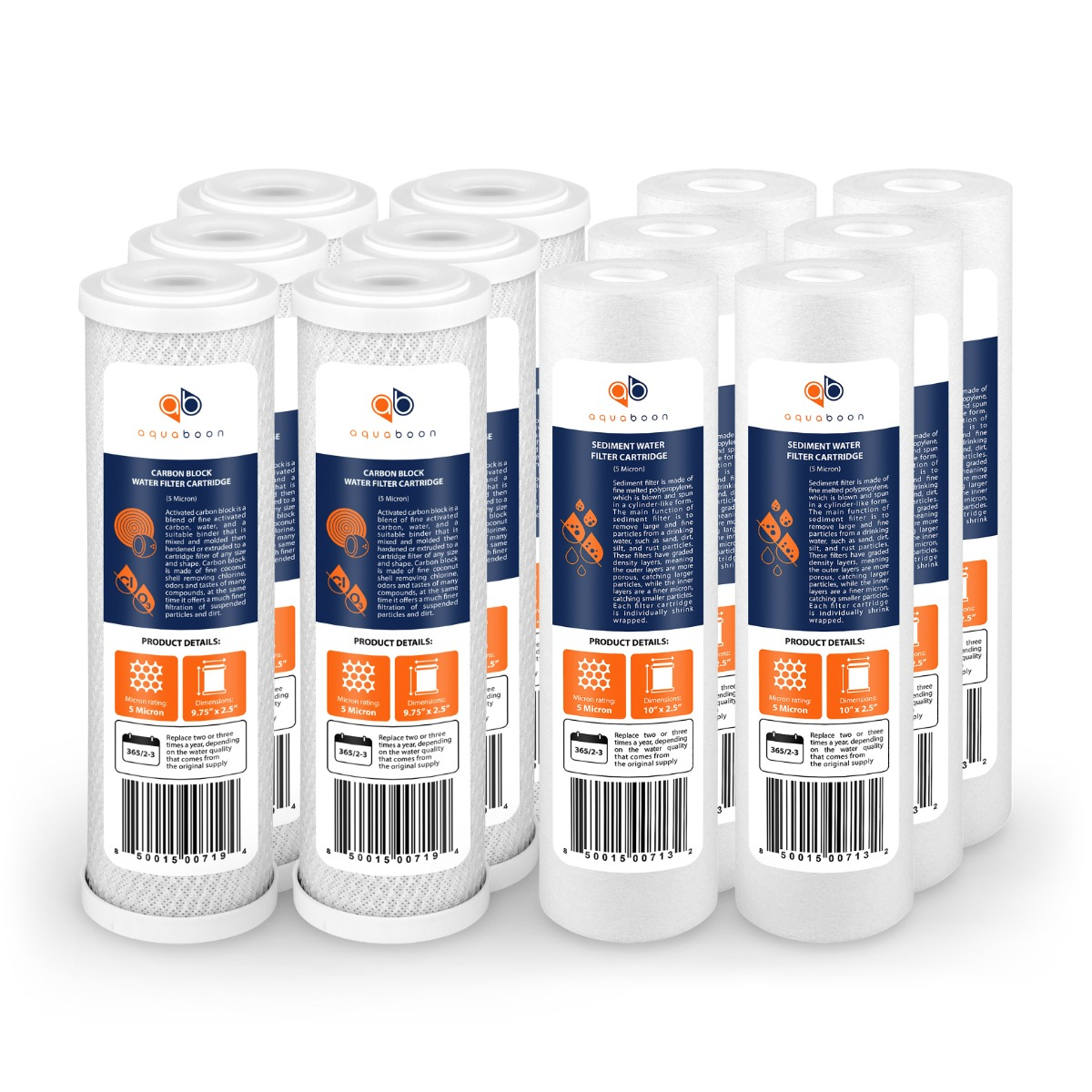 Replacement Set of 10 x 2.5 Inch Water Filter Cartridges by Aquaboon (12 PCS)