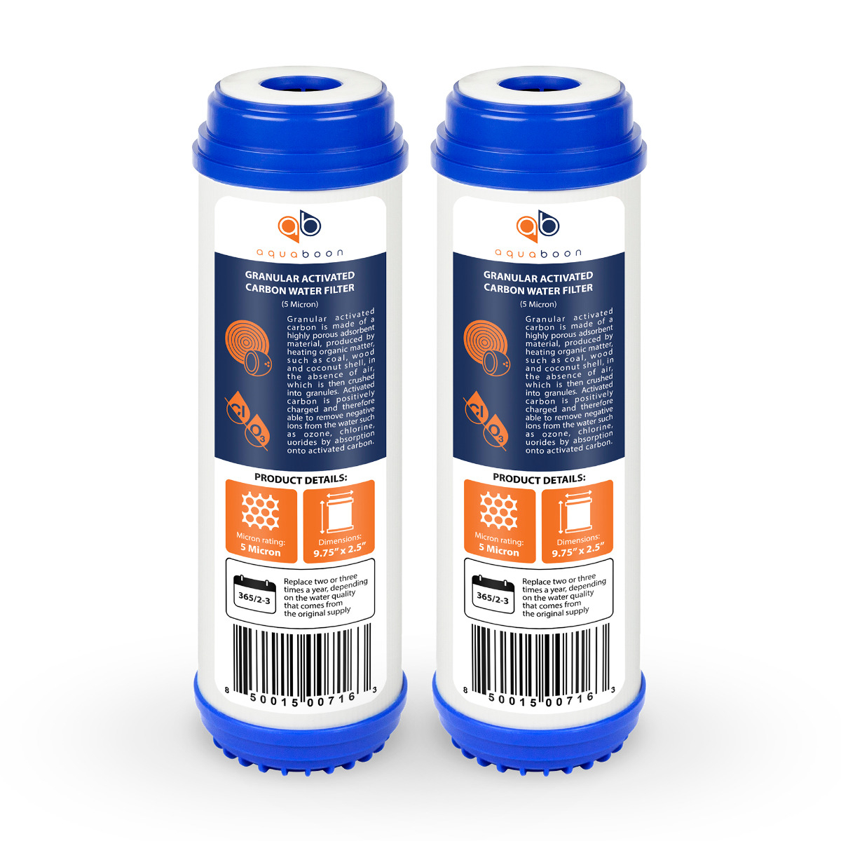 2 Pack Of Aquaboon 5 Micron 10 x 2.5 Inch. GAC Water Filter Cartridge