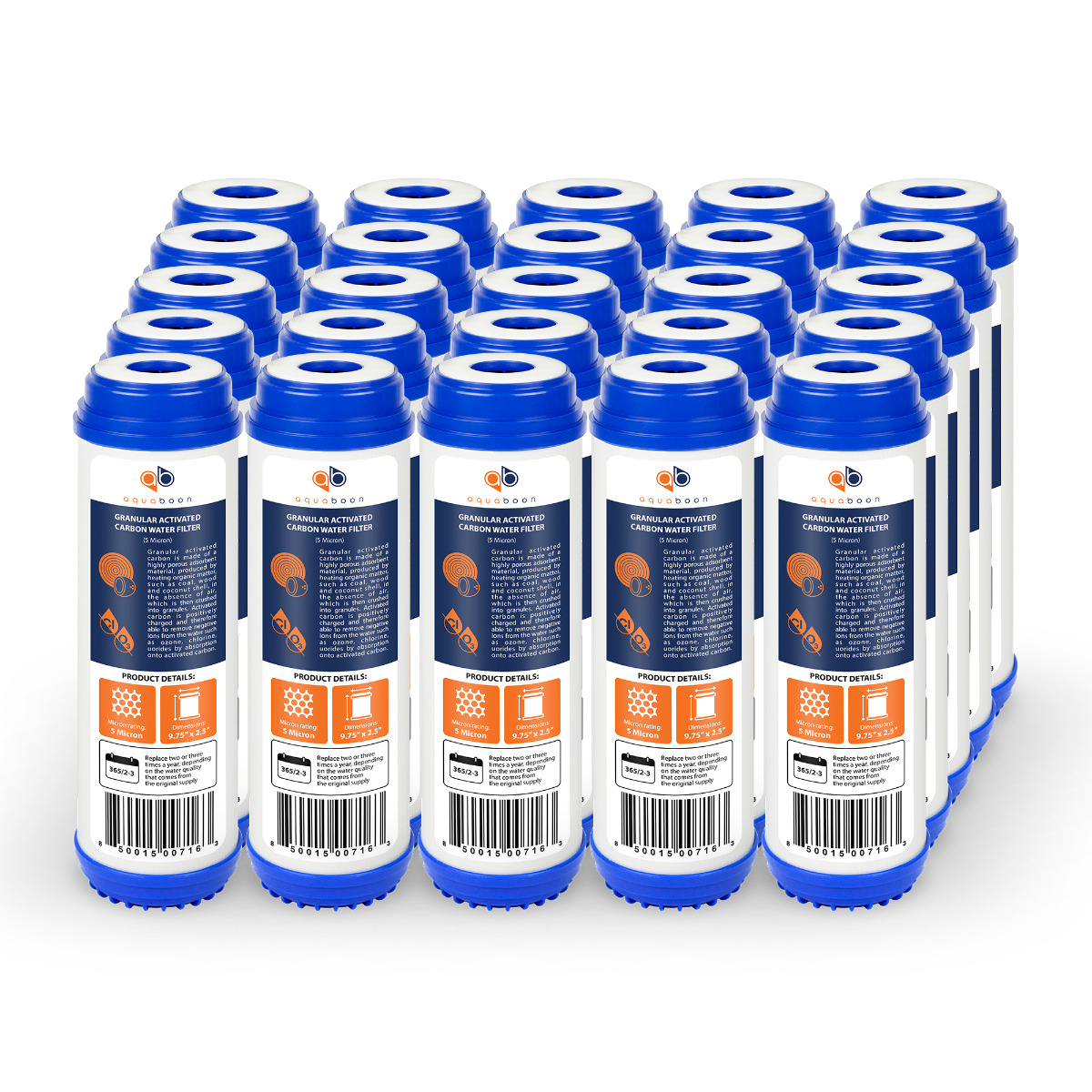 25 Pack Of Aquaboon 5 Micron 10 x 2.5 Inch. GAC Water Filter Cartridge