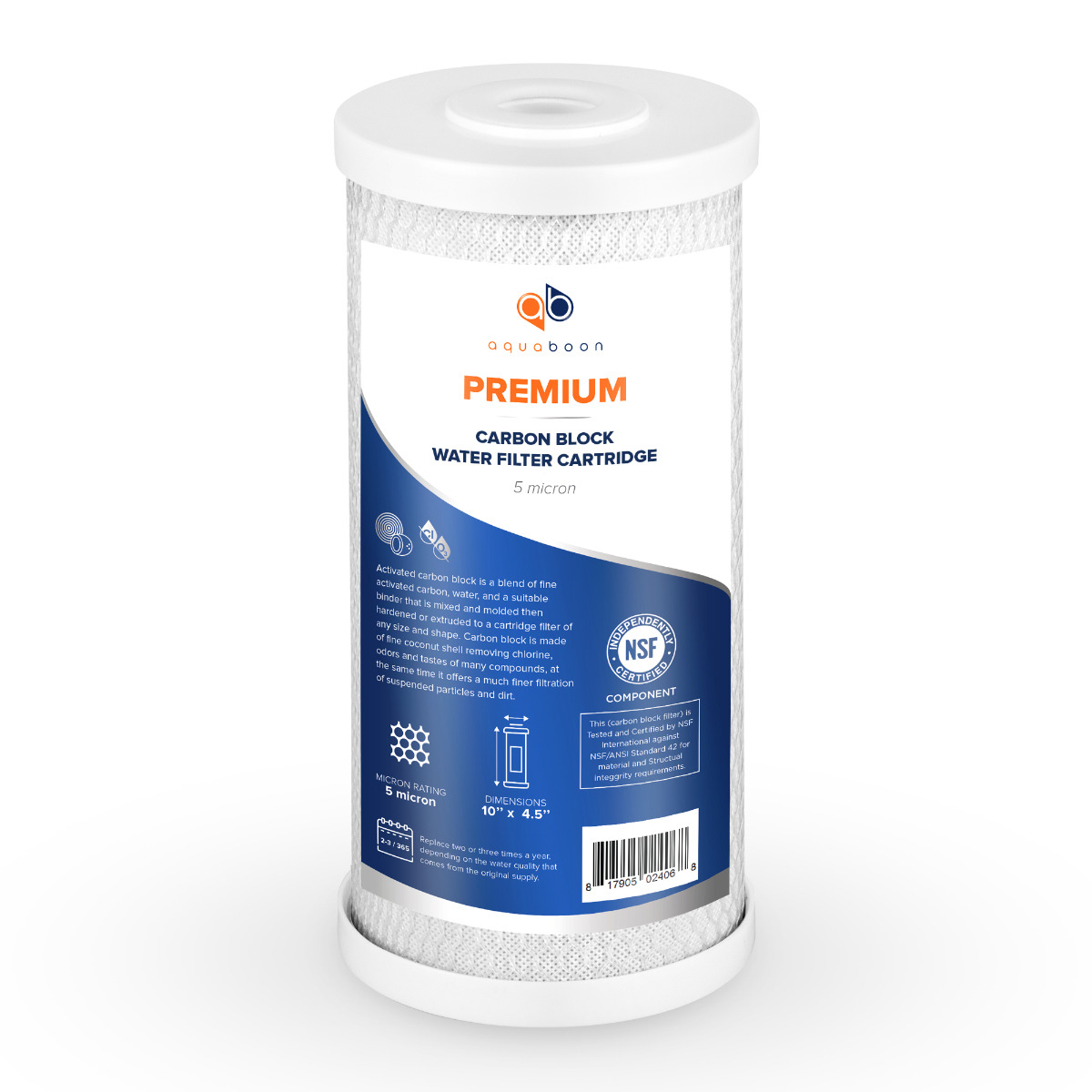 Premium Aquaboon 5 Micron 10 x 4.5 Inch. Carbon block Water Filter Cartridge