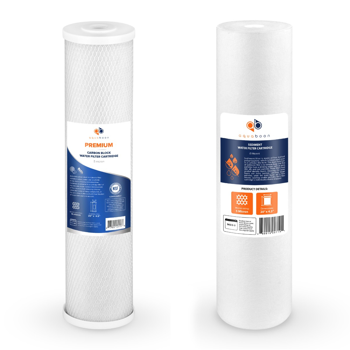 Aquaboon 5 Micron 20" x 4.5" Premium CTO Carbon Block & Sediment Replacement Filter Cartridges Set (2 PCS)