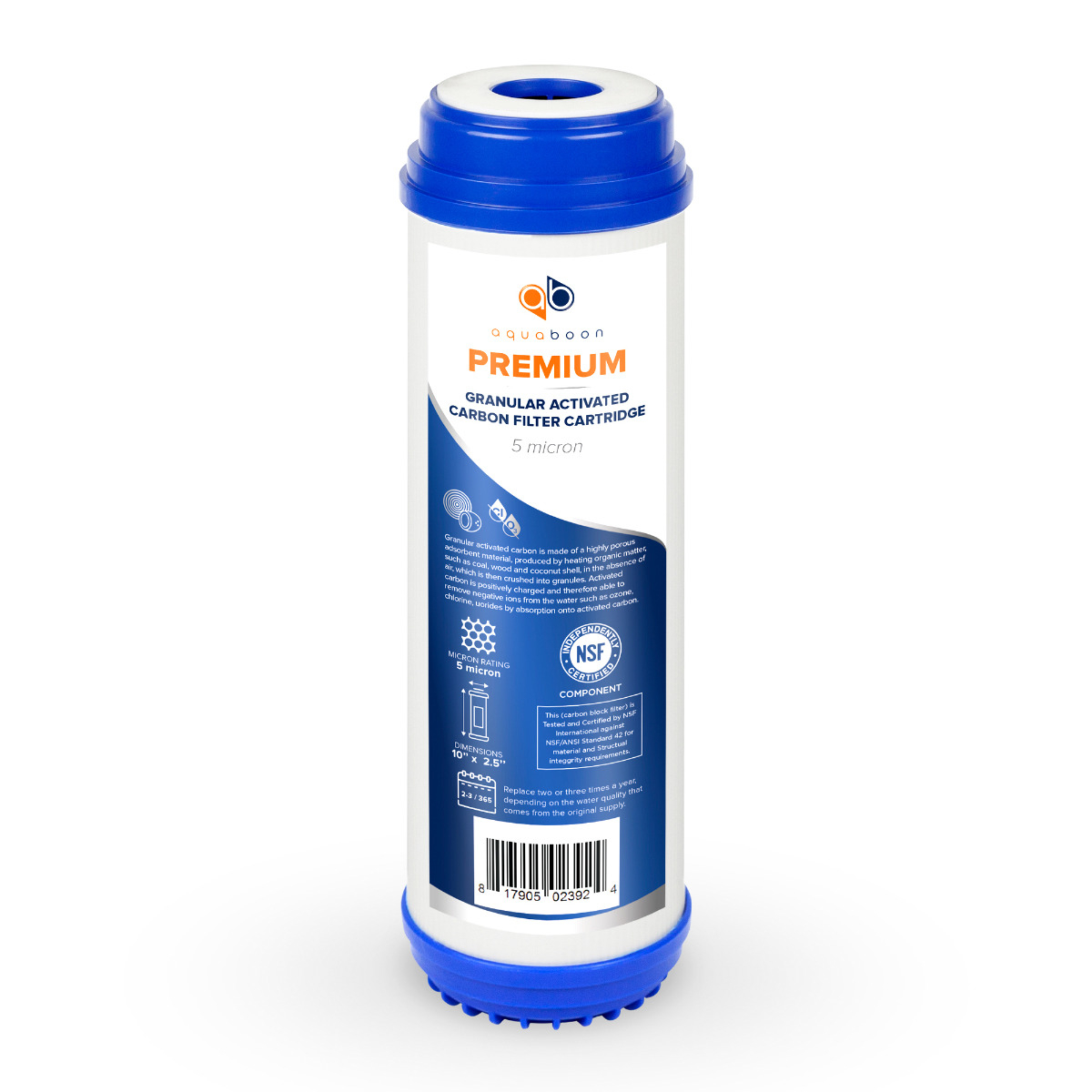 Premium Aquaboon 5 Micron 10 x 2.5 Inch. GAC Water Filter Cartridge ABP-G5M