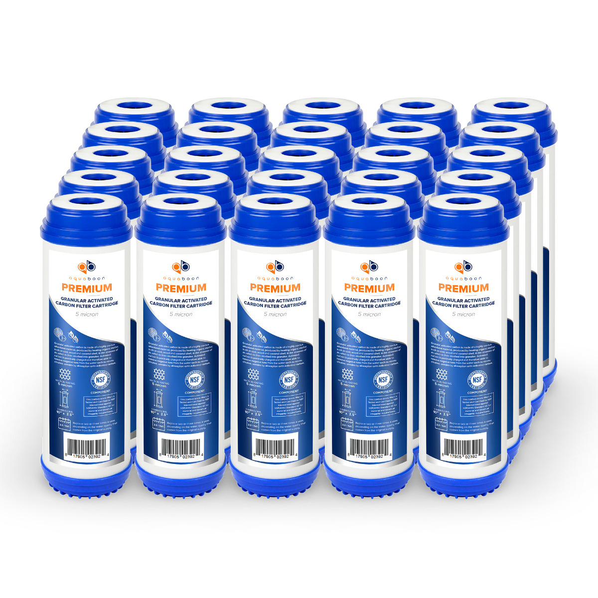 25 Pack Of Premium Aquaboon 5 Micron 10 x 2.5 Inch. GAC Water Filter Cartridge ABP-25G5M