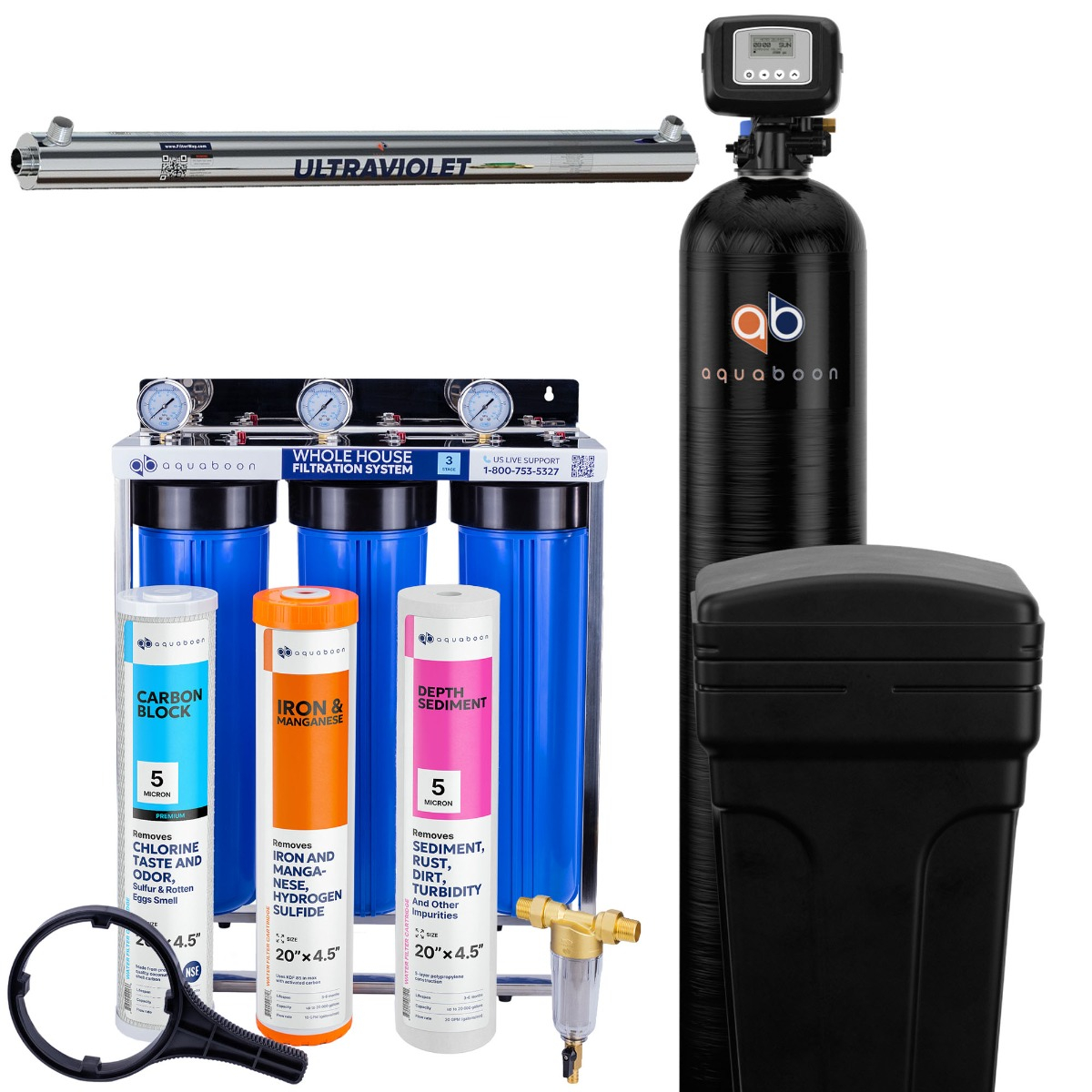 Promo set includes: 3-Stage 20 inch water filtration system, 50 micron pre-filter, 48000 grain water softener and UV lamp