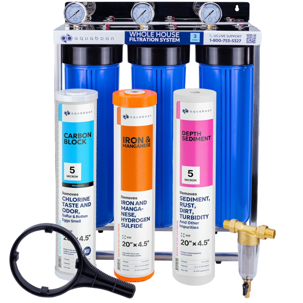 Promo set includes: 3-Stage 20 inch water filtration system, 50 micron pre-filter