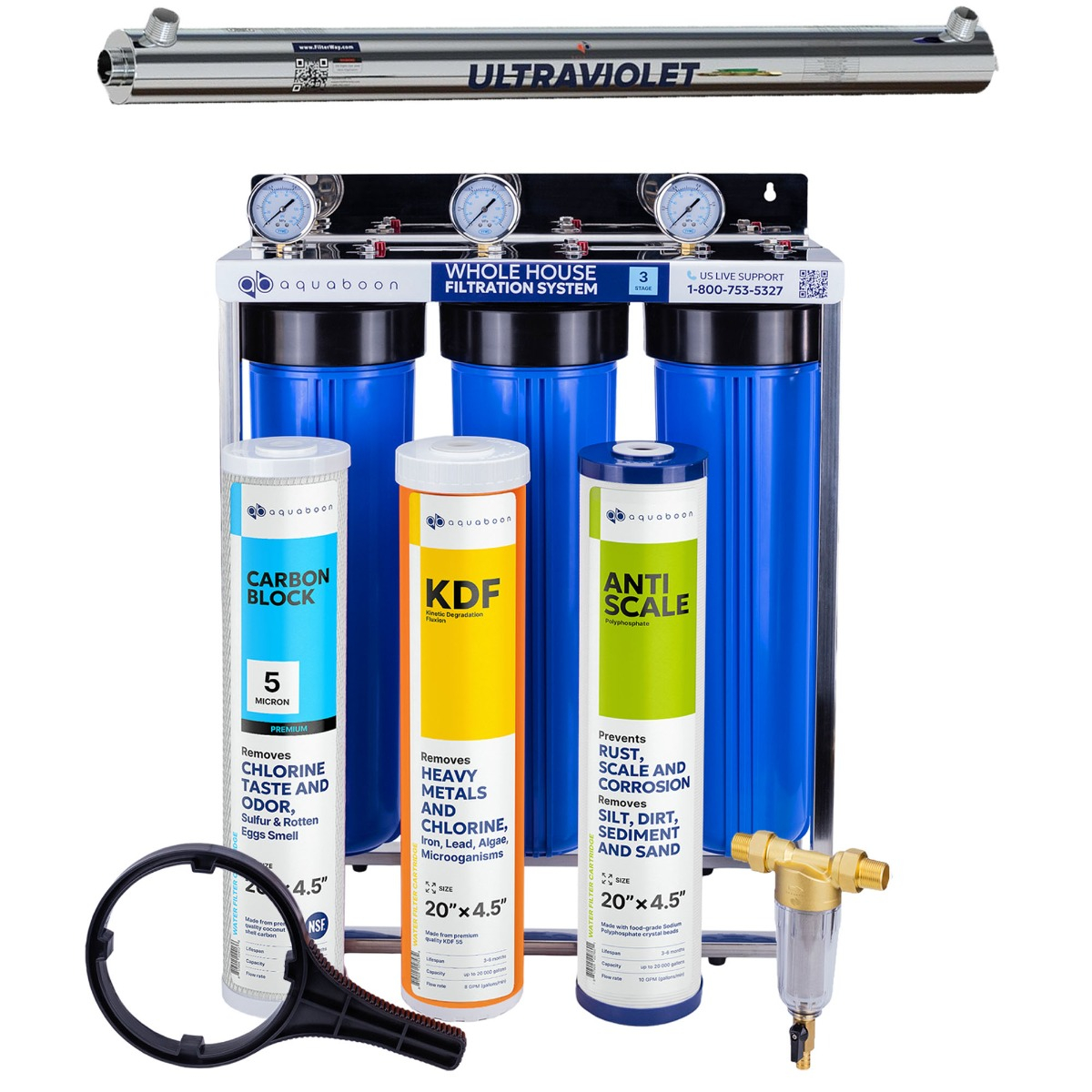 Promo set includes: 3-Stage 20 inch water filtration system, 50 micron pre-filter, UV lamp