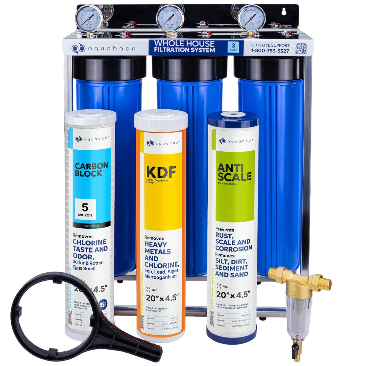 Promo set includes: 3-Stage 20 inch water filtration system, 50 micron pre-filter