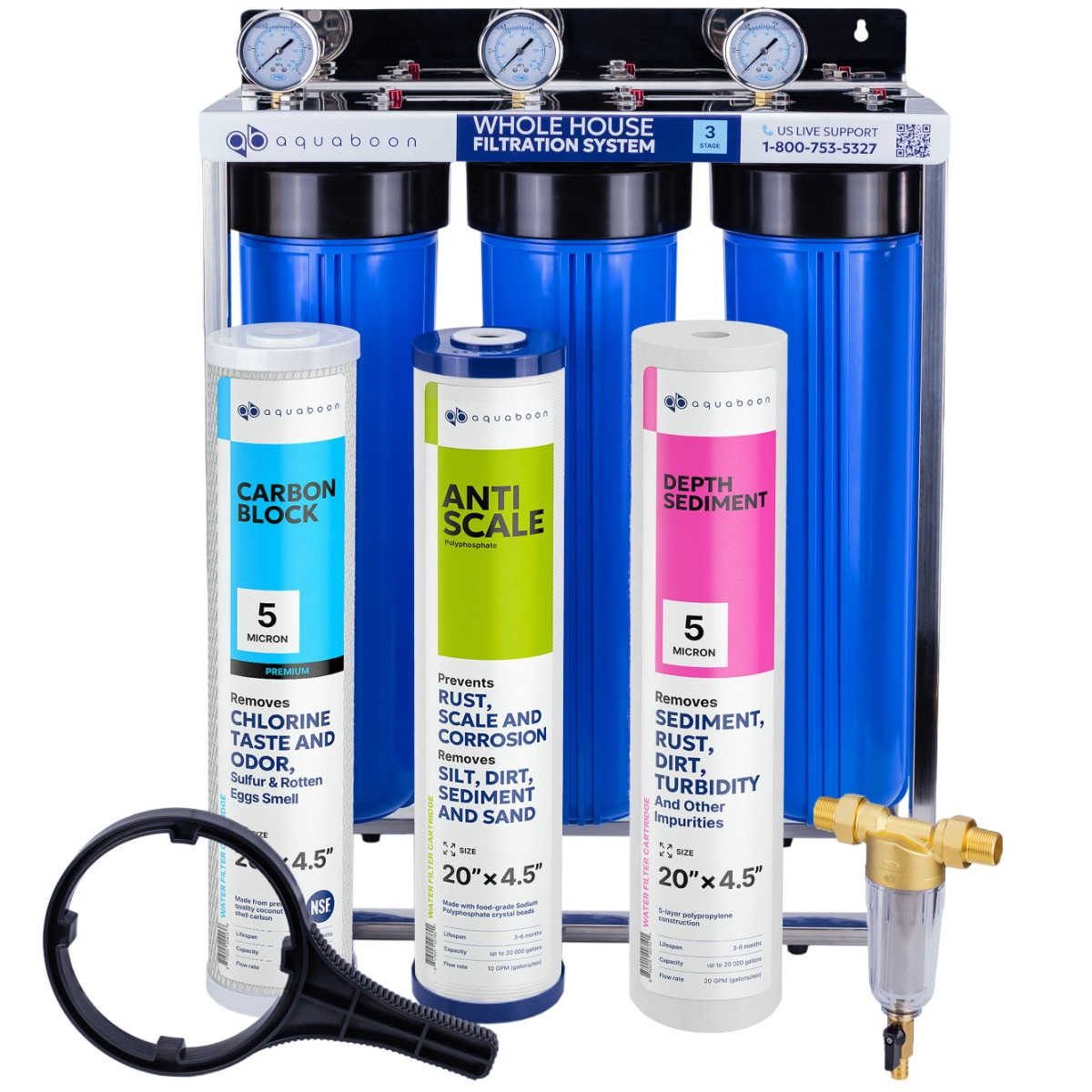 Promo set includes: 3-Stage 20 inch water filtration system, 50 micron pre-filter