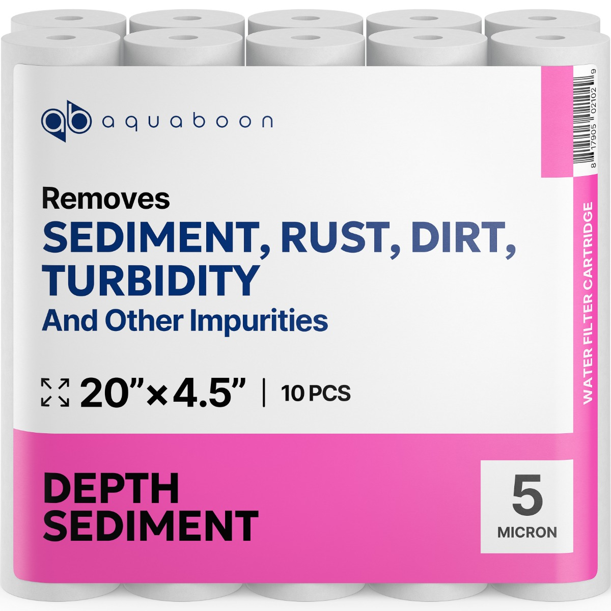 10 Pack Of Aquaboon 5 Micron 20 x 4.5 Inch Sediment Water Filter Cartridge SKU: AB-10S20BB5M