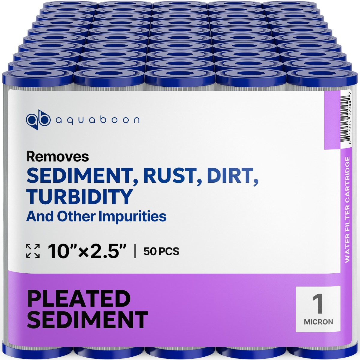 50 Pack Of Aquaboon 5 micron 10 x 2.5 Inch Pleated Sediment Water Filter Cartridge SKU: AB-50PL5M
