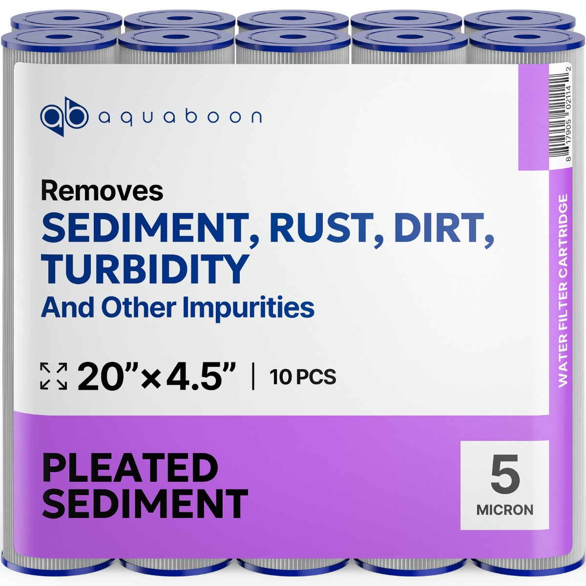 10 Pack Of Aquaboon 5 Micron 20 x 4.5 Inch Pleated Sediment Water Filter Cartridge SKU: AB-10PL20BB5M
