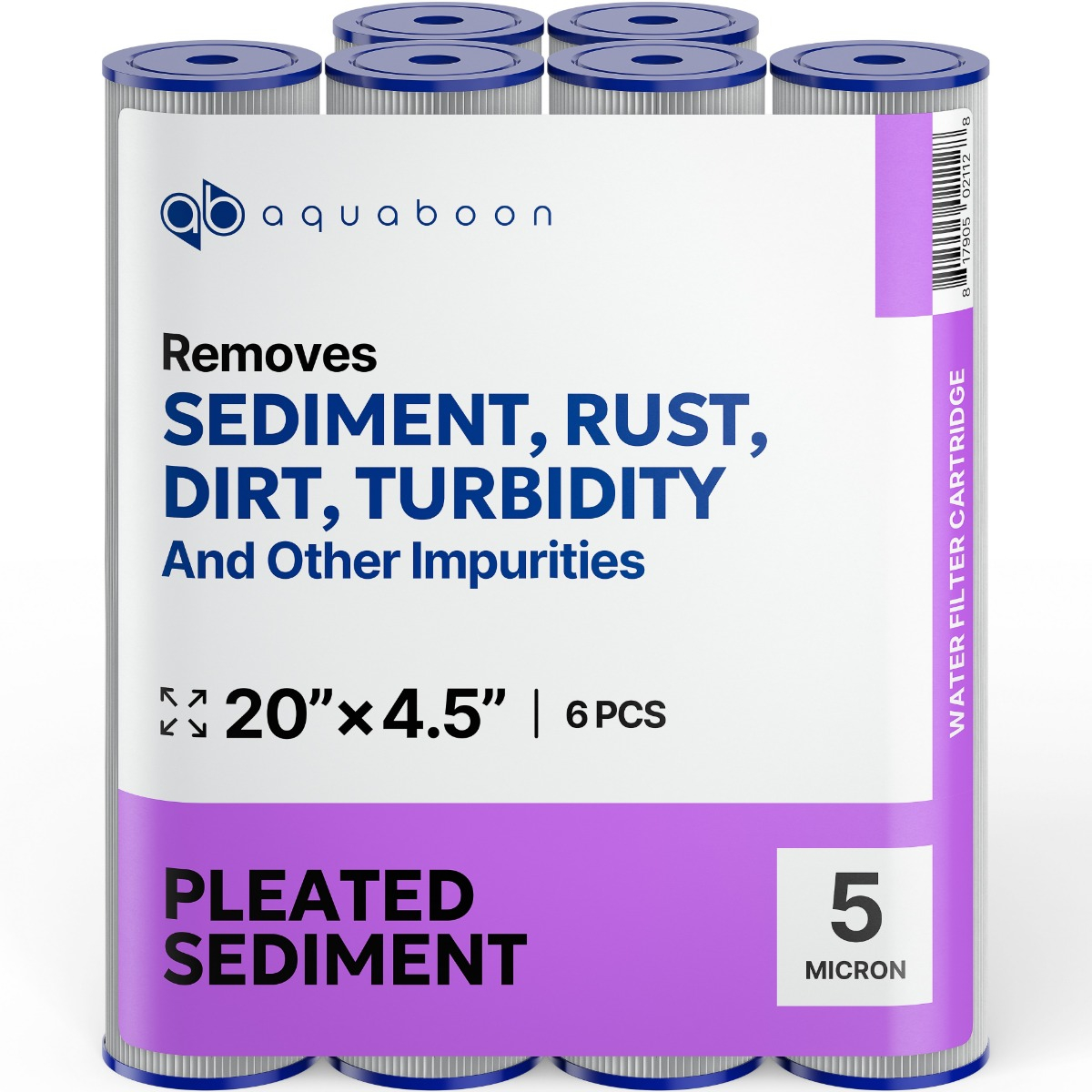 6 Pack Of Aquaboon 1 Micron 20 x 4.5 Inch Pleated Sediment Water Filter Cartridge SKU: AB-6PL20BB1M