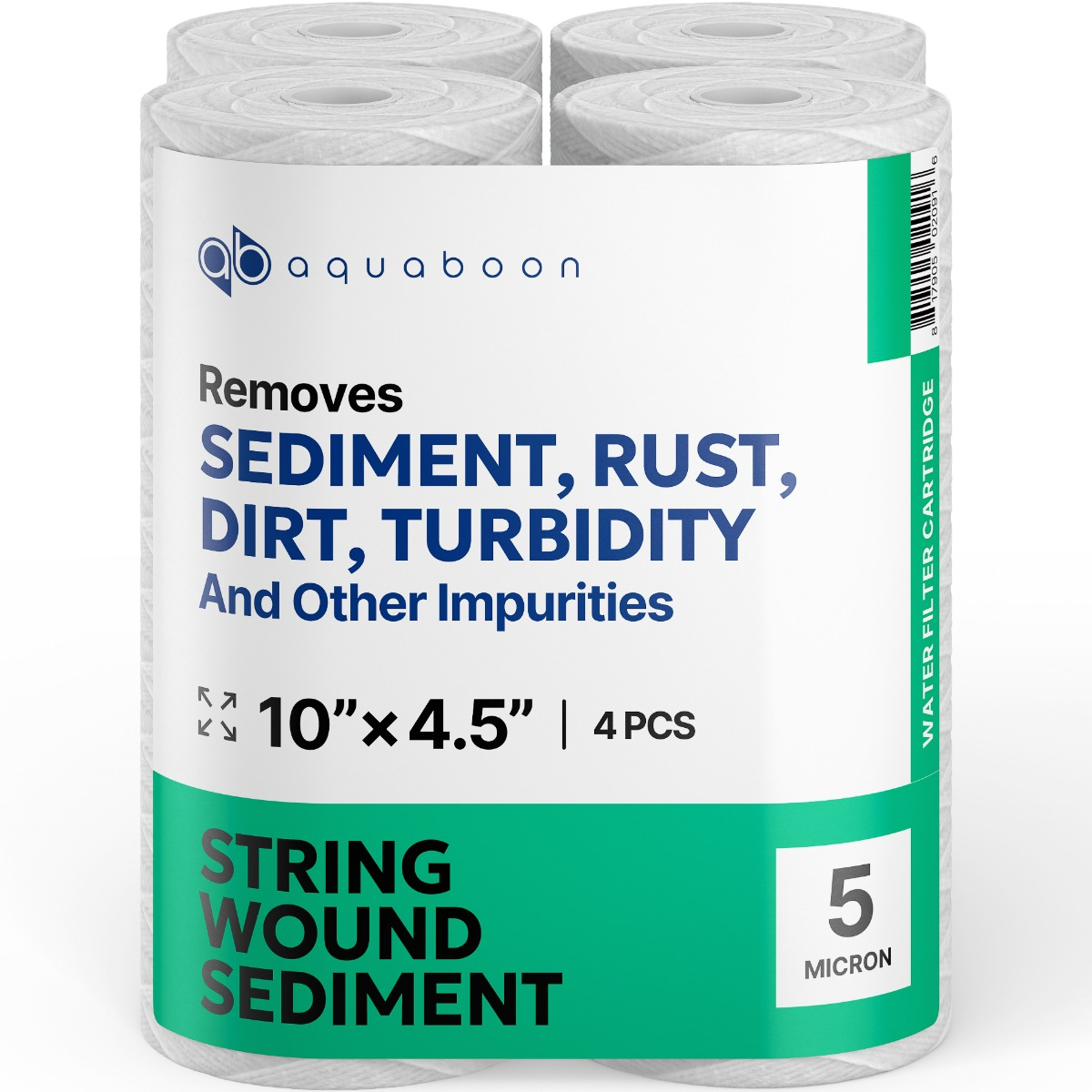 4 Pack Of Aquaboon 5 Micron 10 x 4.5 Inch String Wound Sediment Water Filter Cartridge SKU: AB-4SW10BB5M