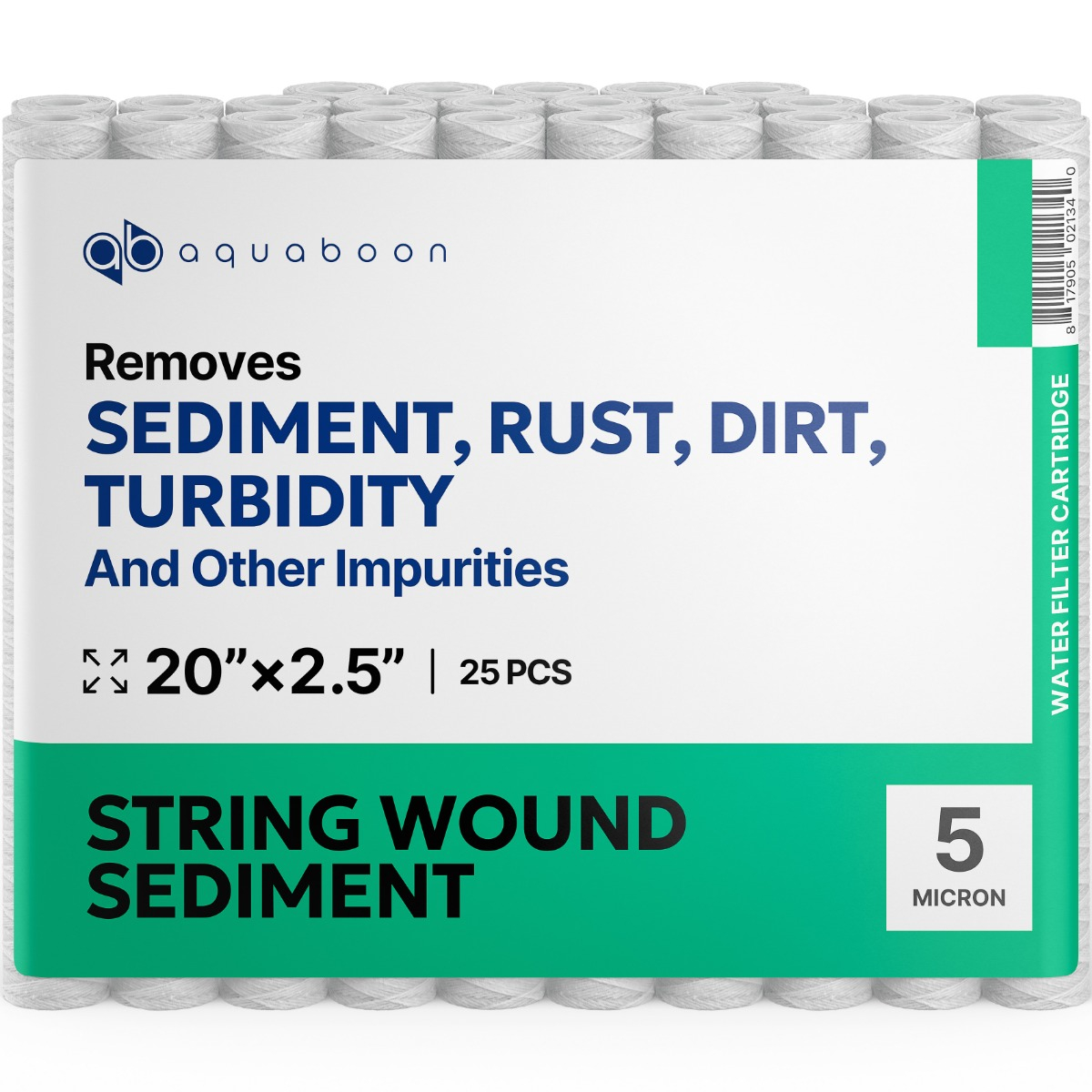 25 Pack Of Aquaboon 5 Micron 20 x 2.5 Inch String Wound Sediment Water Filter Cartridge SKU: AB-25SW205M