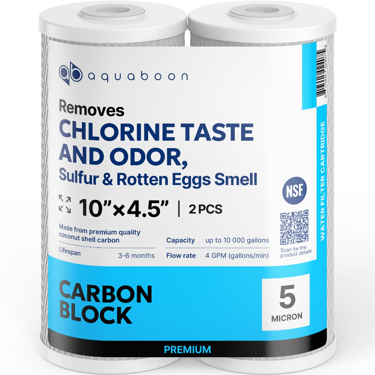2 Pack Of Premium Aquaboon 5 Micron 10 x 4.5 Inch. Carbon block Water Filter Cartridge