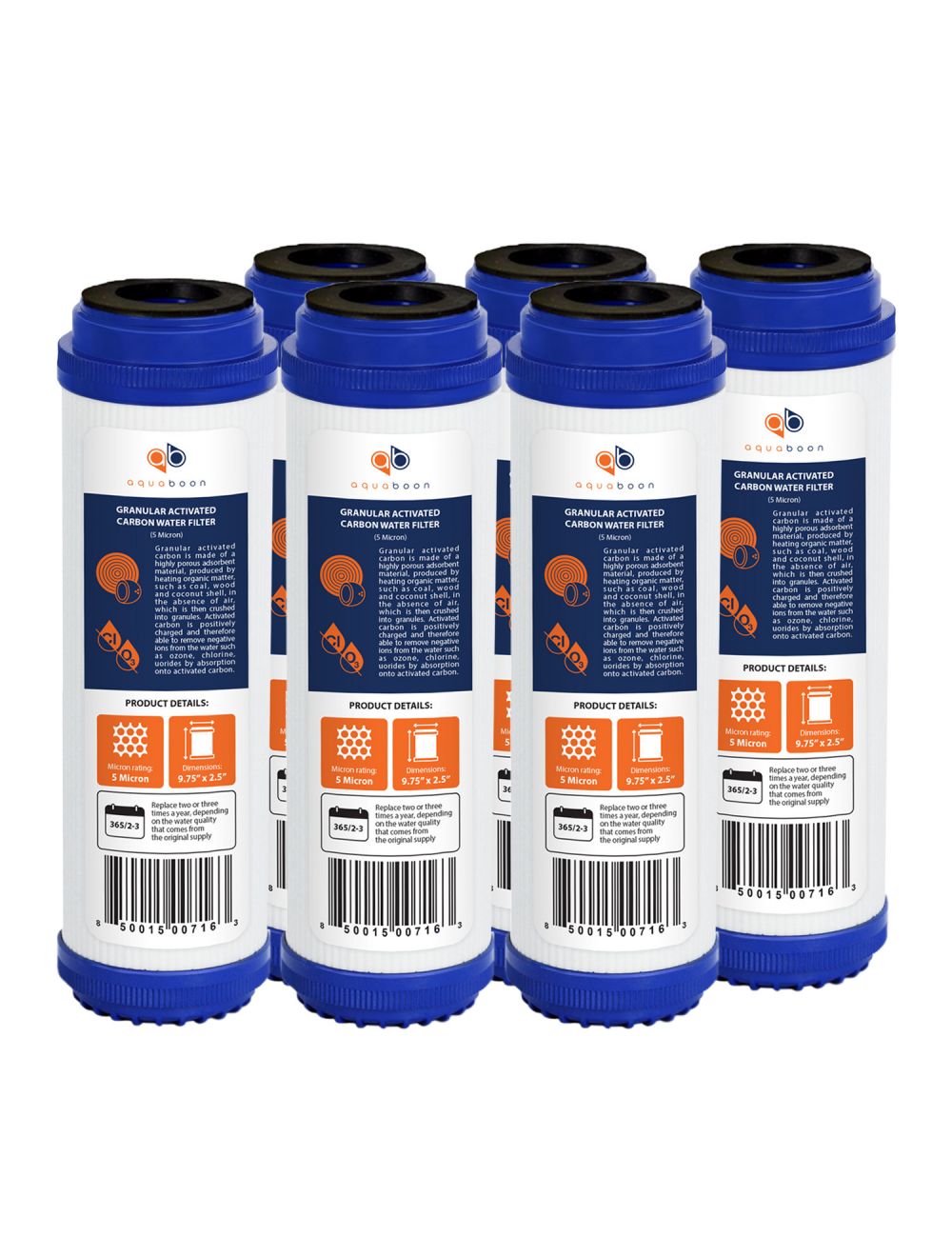 6 Pack Of Aquaboon 5 Micron 10 Granular Activated Carbon Water Filter Replacement Universal 10 Inch Coconut Shell Gac Cartridge Compatible With C 10 Wfpfc9001 Ap117 Gac 10 Fxutc D a Gac1 Ab 6g5m