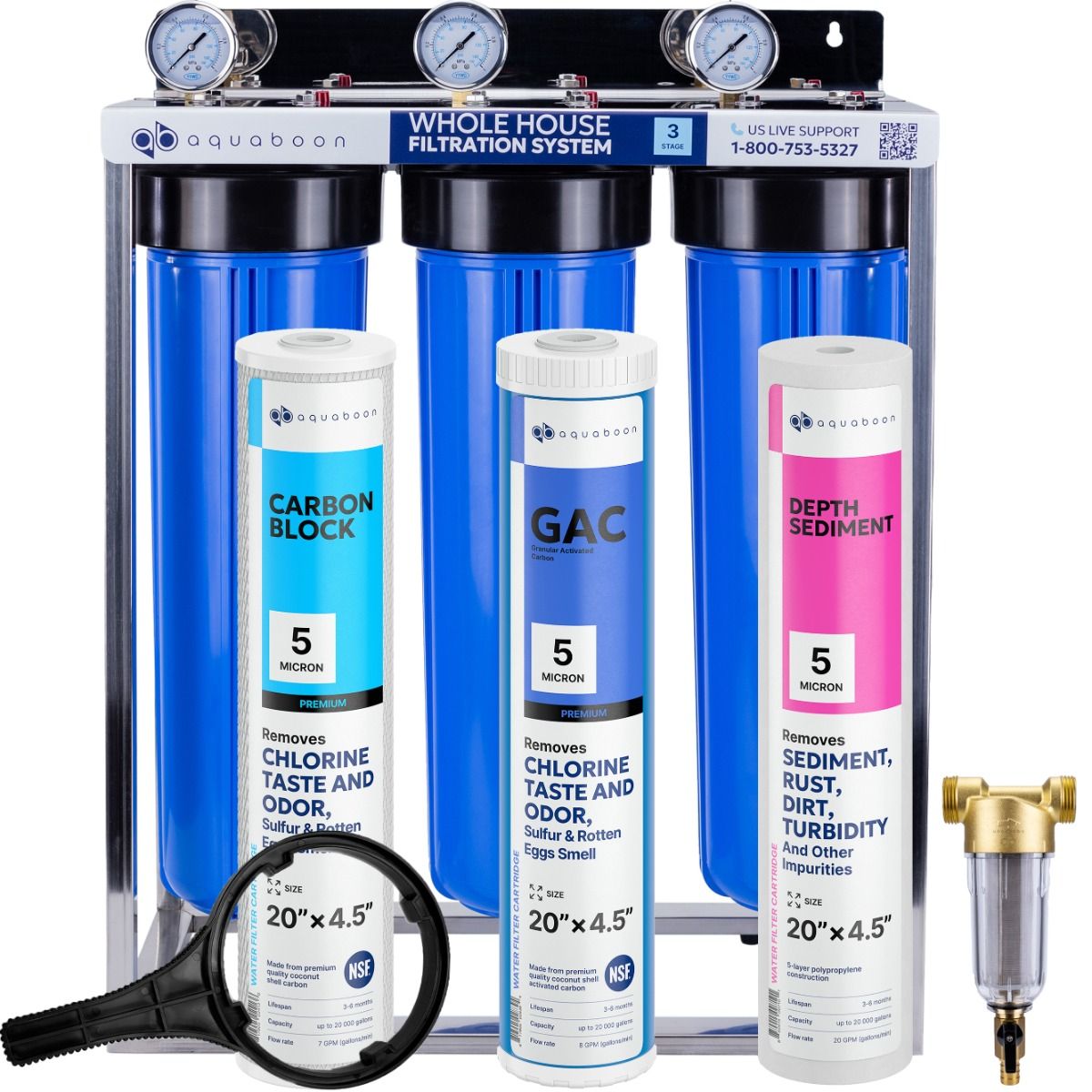 Chlorine Taste And Odor Filtration 3-Stage 20" Whole House Water Filtration System by Aquaboon On Stainless Steel Stand SKU: AB-3WHS20BB-1C20BB5MP-1G20BB5M-1S20BB5M