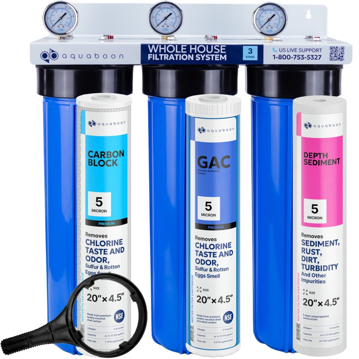 Chlorine Taste And Odor Filtration 3-Stage 20" Whole House Water Filtration System by Aquaboon On White Coated Iron Bracket SKU: AB-3WH20BB-1C20BB5M-1G20BB5M-1S20BB5M