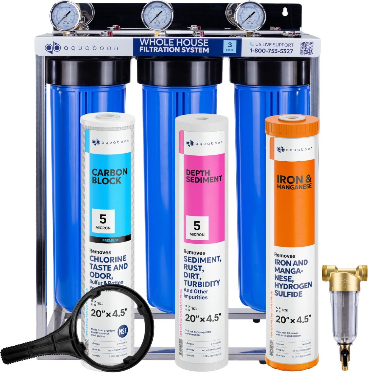 3-Stage 20" Whole House Water Filtration System by Aquaboon For Iron And Manganese Filtration On Stainless Steel Stand SKU: AB-3WHS20BB-1C20BB5MP-1IRM20BB-1S20BB5M